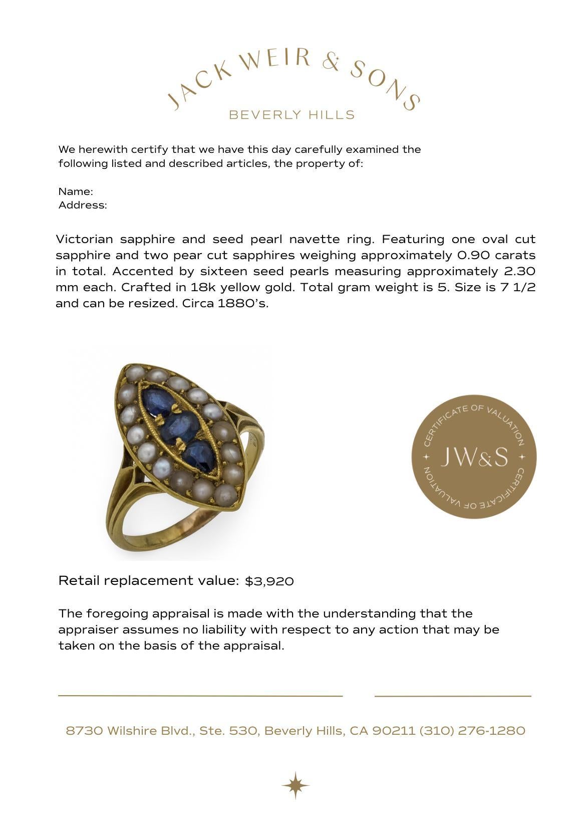 Victorian sapphire seed pearl 18k yellow gold navette ring For Sale 4
