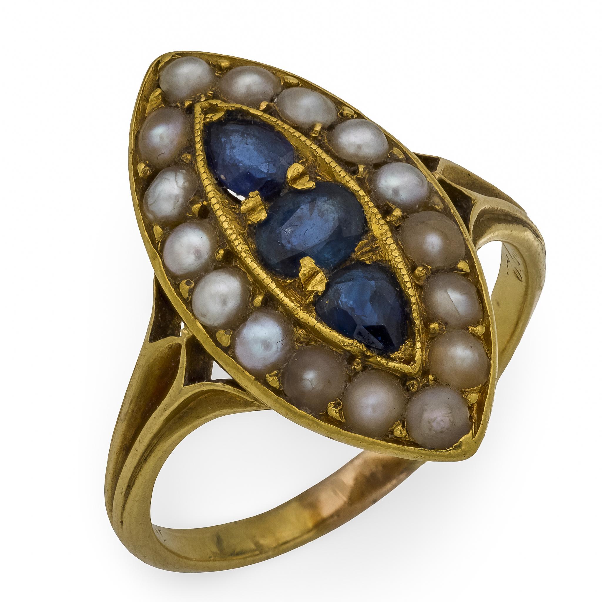 Viktorianischer Saphir Keimperle 18k Gelbgold Navette Ring