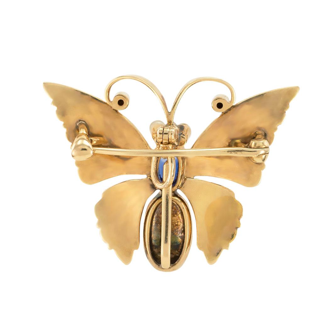 Victorian Sapphire Seed Pearl Butterfly Yellow Gold Brooch Pendant In Good Condition For Sale In Los Angeles, CA
