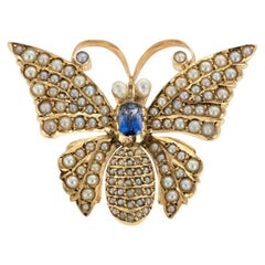 Antique Victorian Sapphire Seed Pearl Butterfly Yellow Gold Brooch Pendant