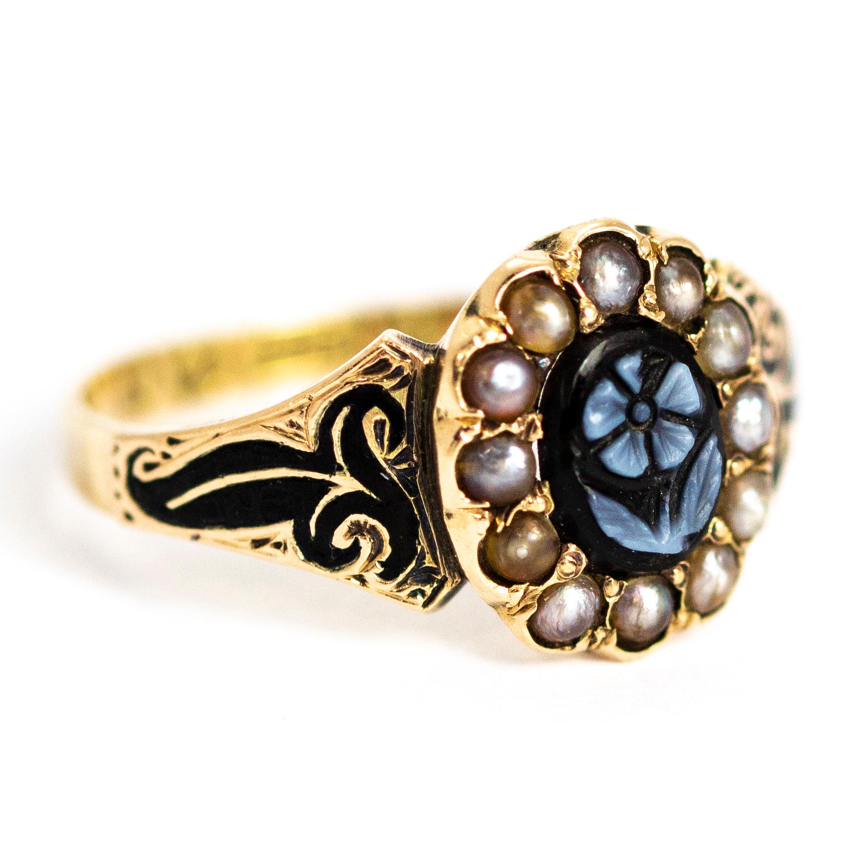 Women's or Men's Victorian Sardonyx and Enamel 'Forget Me Not' 9 Carat Gold Ring