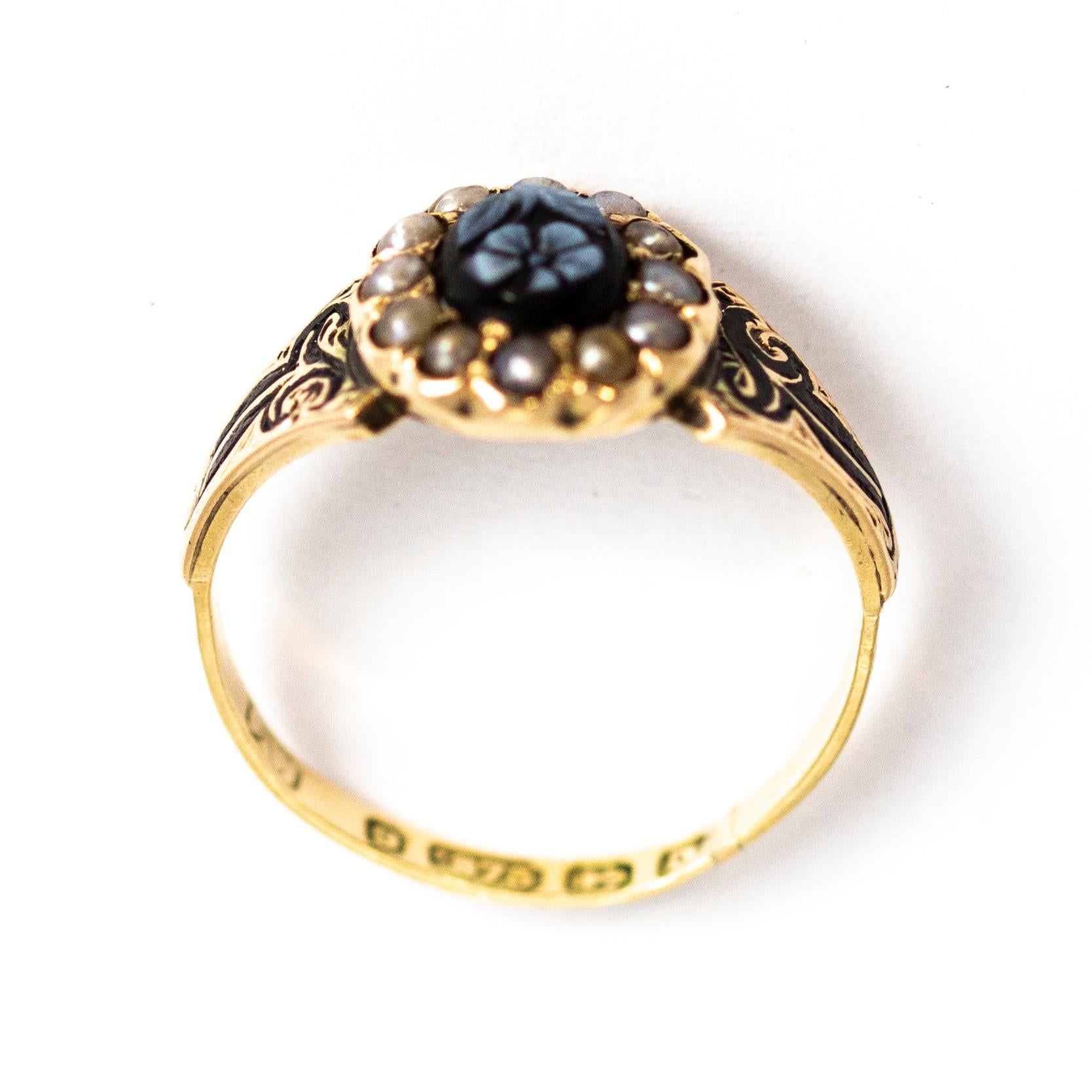 Victorian Sardonyx and Enamel 'Forget Me Not' 9 Carat Gold Ring 1