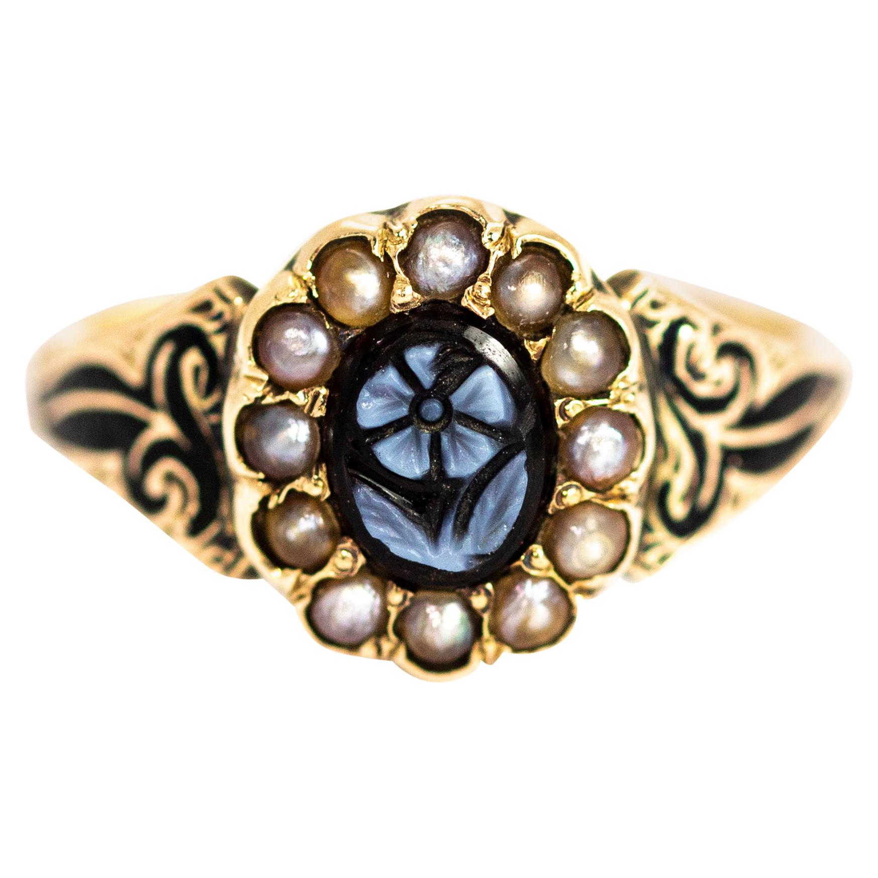 Victorian Sardonyx and Enamel 'Forget Me Not' 9 Carat Gold Ring