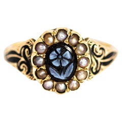 Antique Victorian Sardonyx and Enamel 'Forget Me Not' 9 Carat Gold Ring