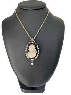Victorian Sardonyx Cameo from 1880 Pearls and Diamonds on Gold and Silver