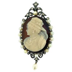 Victorian Sardonyx Cameo from 1880 Pearls and Diamonds on Gold and Silver