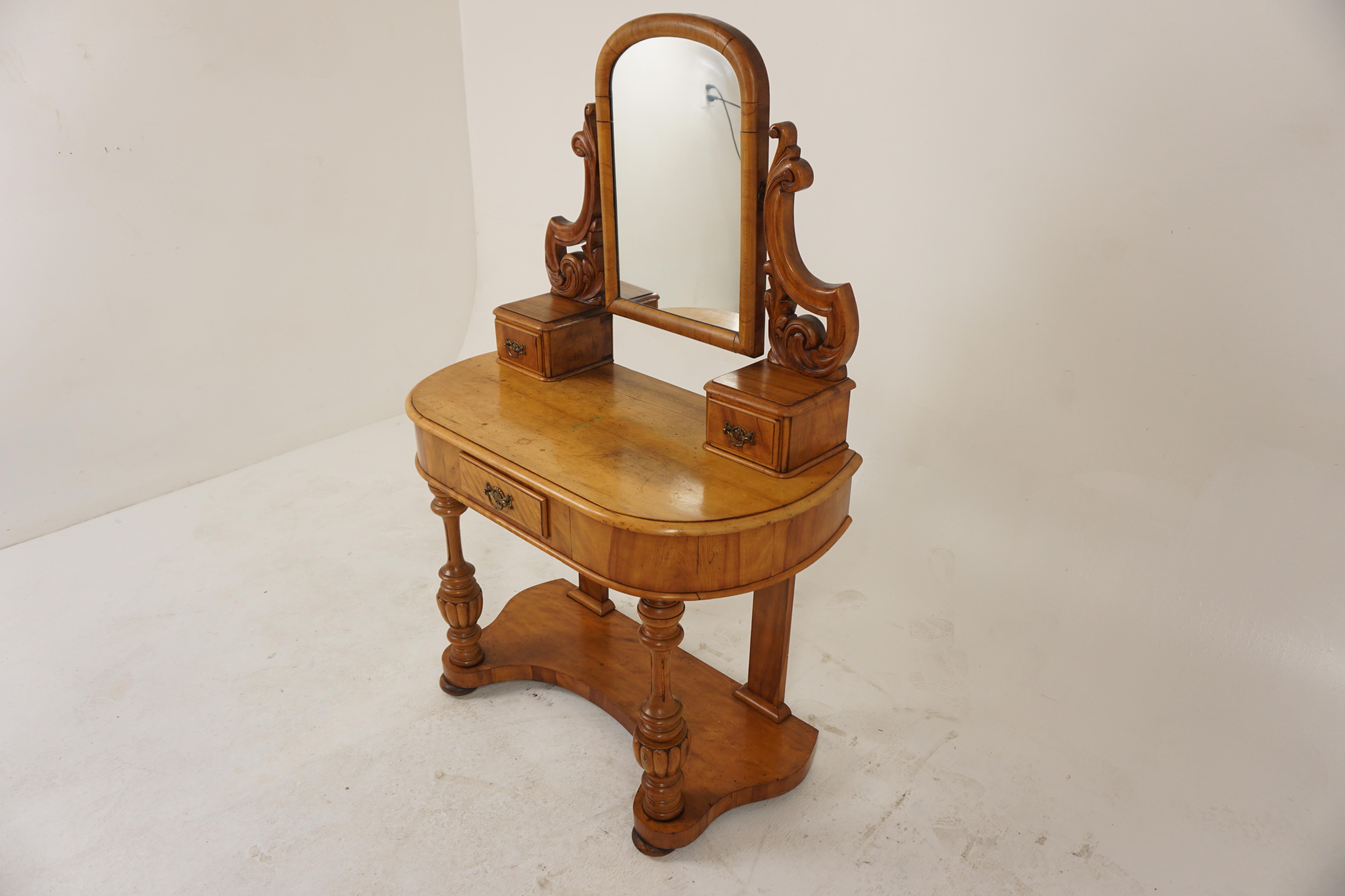 Victorian Satin Walnut Duchess Dressing Table, Vanity, Scotland 1870, H1161

Solid Walnut and veneer
Original finish
With framed original mirror
Carved mirror supports with adjustable mirror angle
Pair of small jewellery dovetailed drawers
Sitting