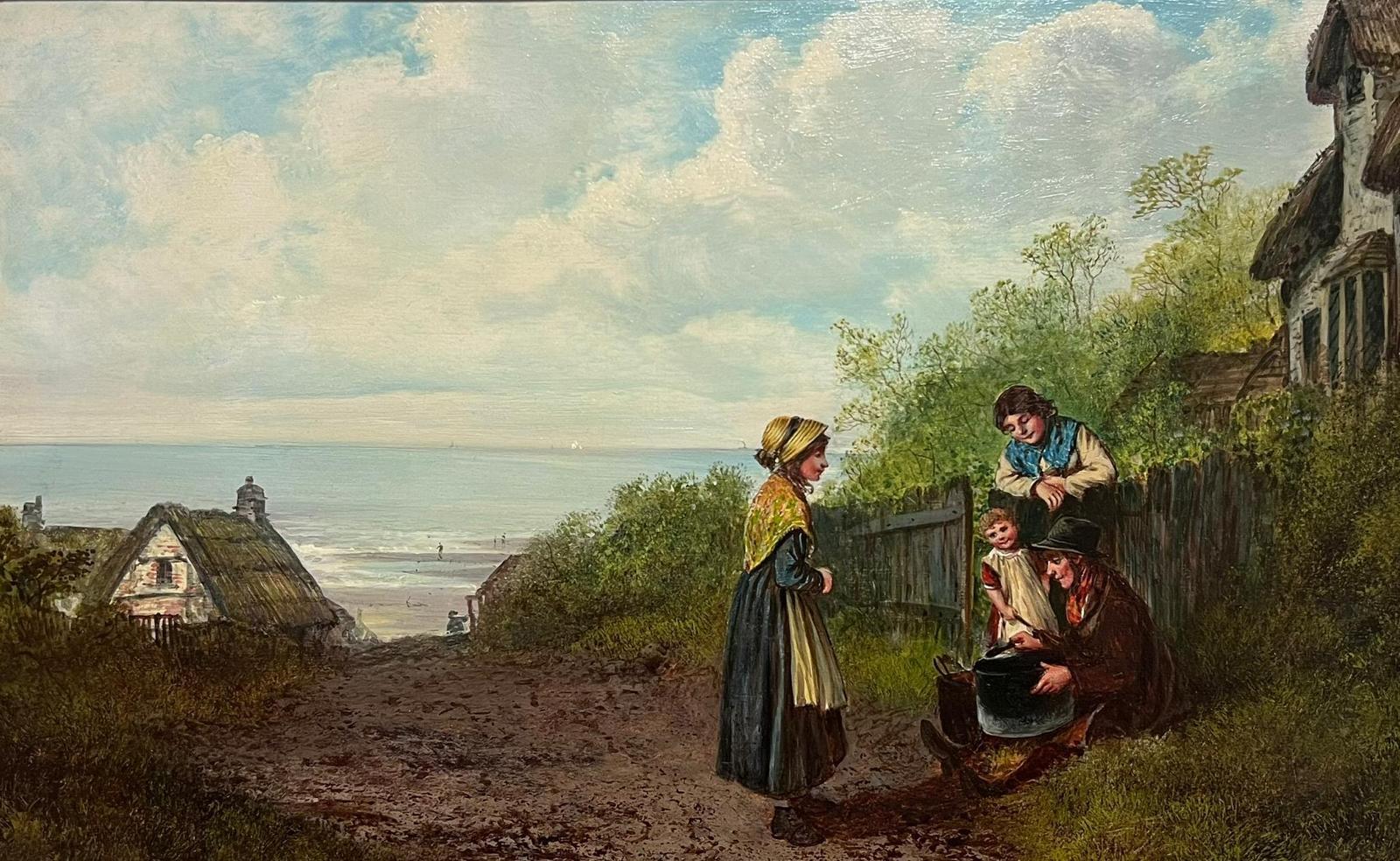 19th Century Cornish/ Devon Fishing Cottages & Family Coastal Landscape Oil - Painting by Victorian School