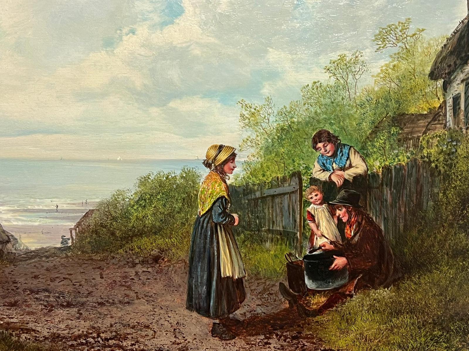19th Century Cornish/ Devon Fishing Cottages & Family Coastal Landscape Oil - Victorian Painting by Victorian School