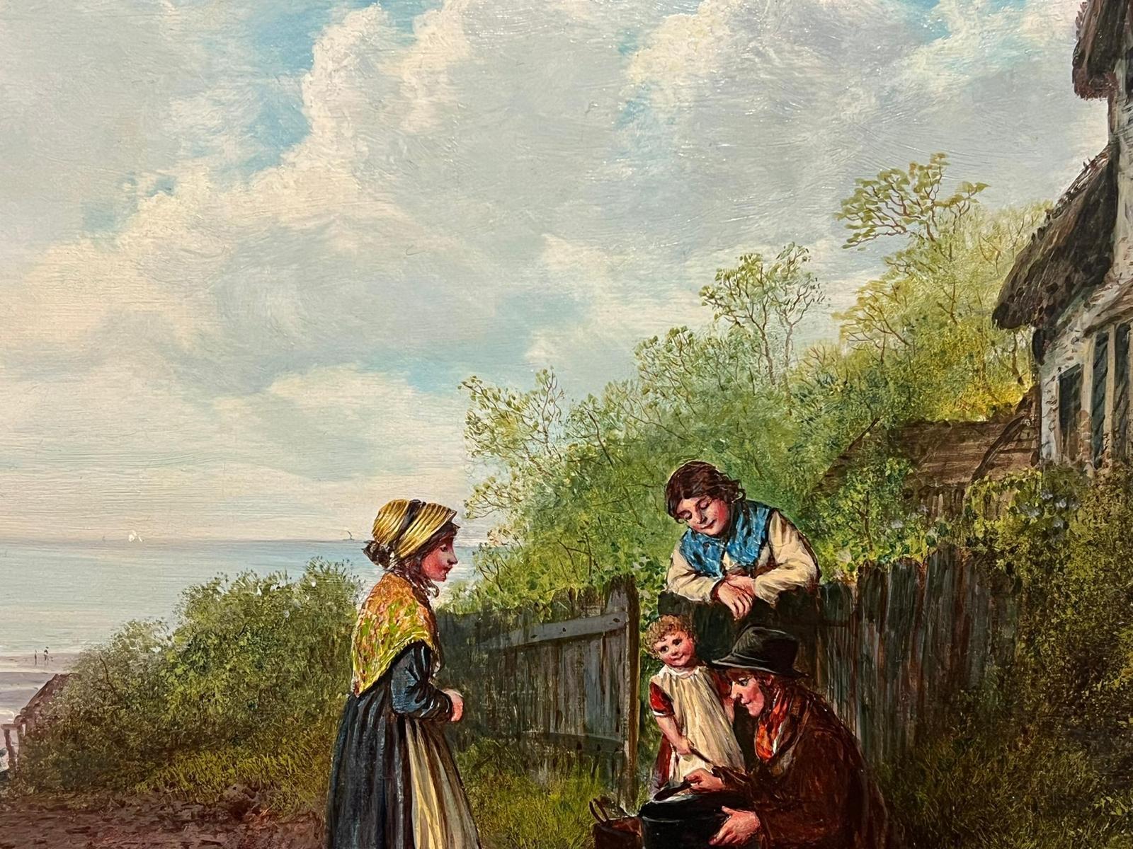 19th Century Cornish/ Devon Fishing Cottages & Family Coastal Landscape Oil For Sale 3