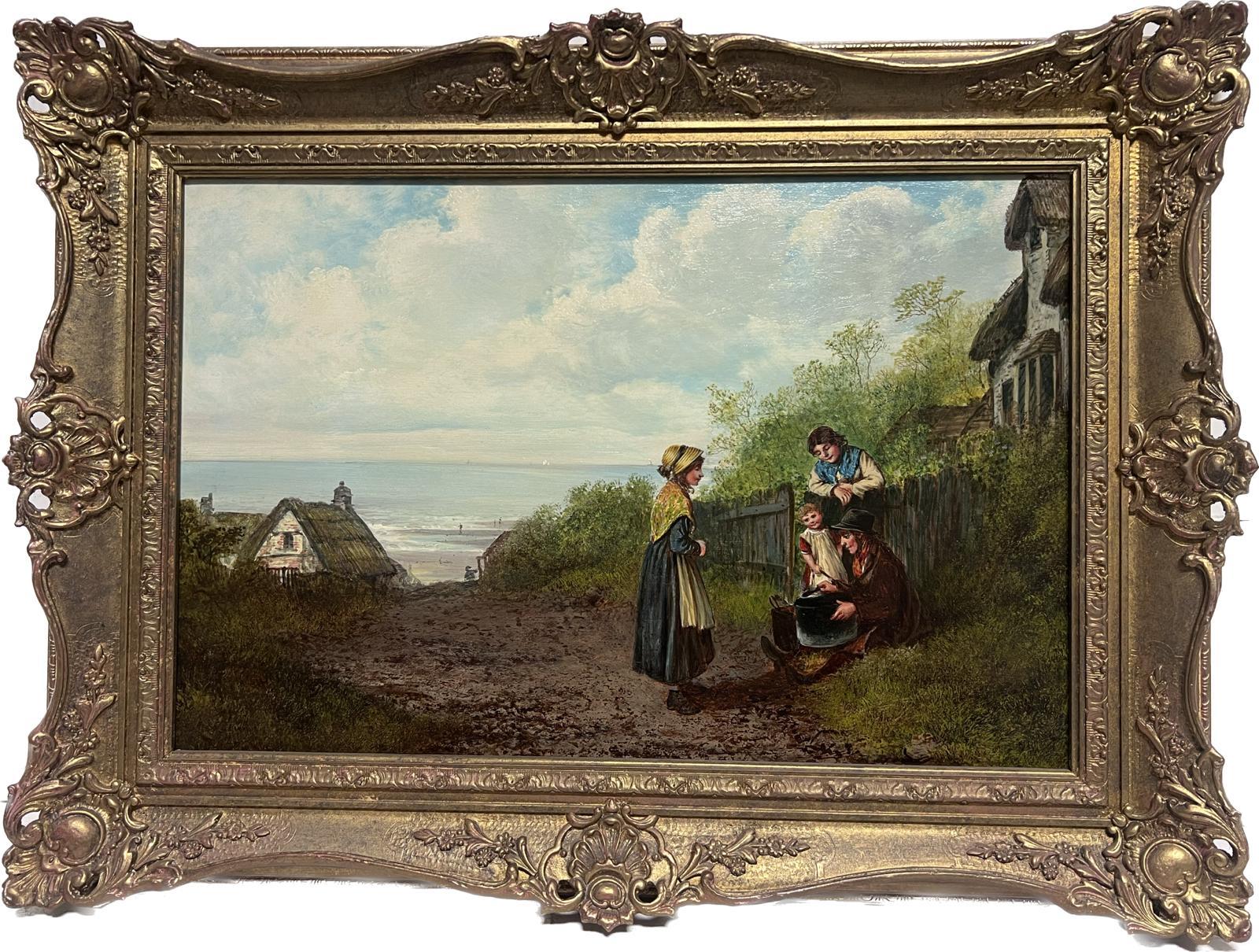 Landscape Painting di Victorian School - Olio su paesaggio costiero della Cornovaglia e del Devon del 19° secolo, con casette da pesca e famiglia
