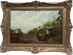 Antique 19th Century Cornish/ Devon Fishing Cottages & Family Coastal Landscape Oil