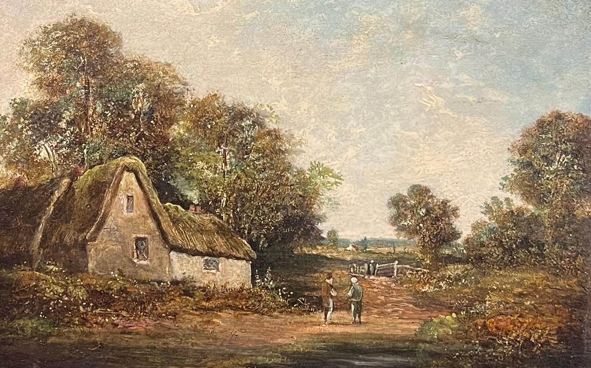 Encantadora pintura al óleo del siglo XIX de una escena rural inglesa con figuras - Painting de Victorian School