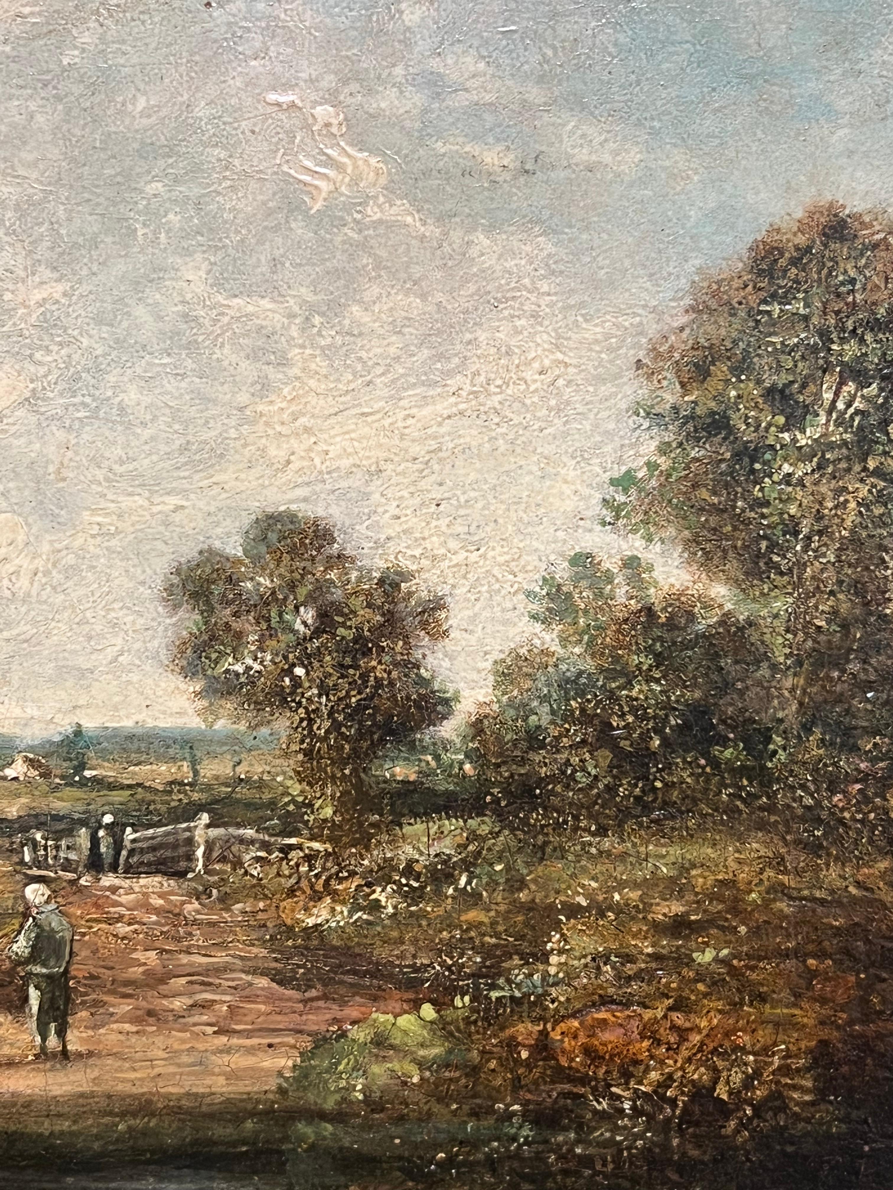 Encantadora pintura al óleo del siglo XIX de una escena rural inglesa con figuras - Landscape Painting Marrón de Victorian School