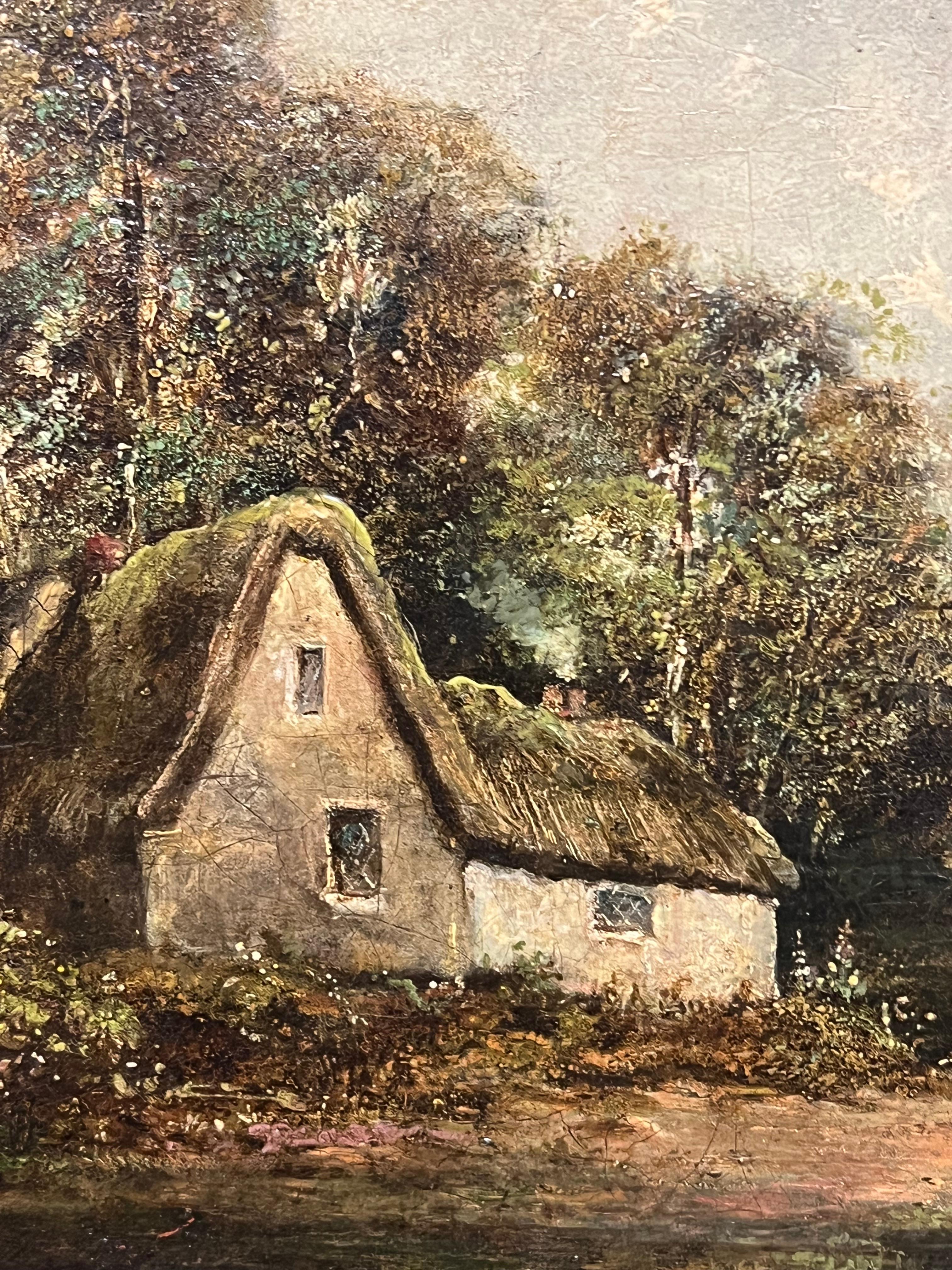 Encantadora pintura al óleo del siglo XIX de una escena rural inglesa con figuras en venta 1