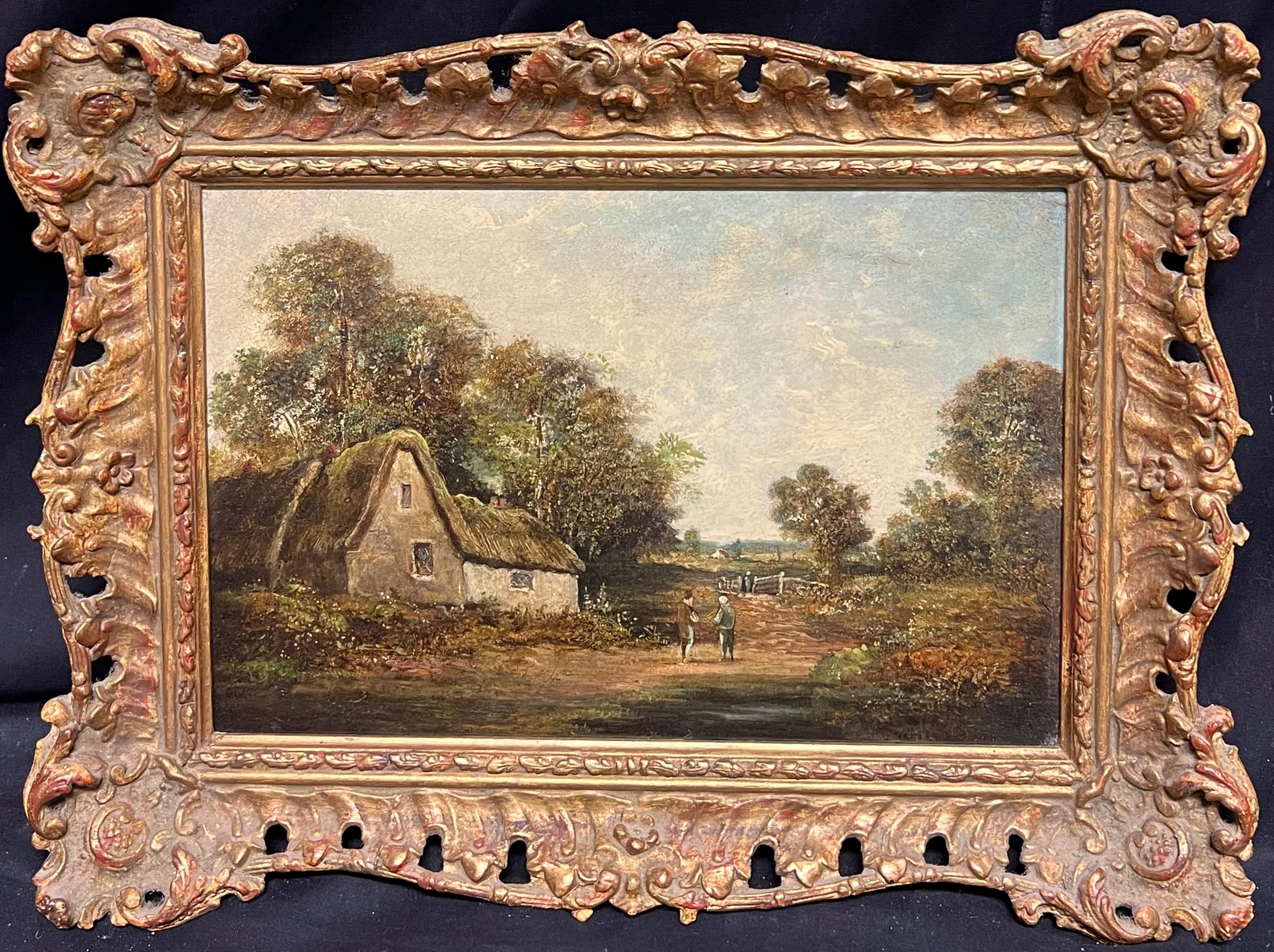 Landscape Painting de Victorian School - Encantadora pintura al óleo del siglo XIX de una escena rural inglesa con figuras