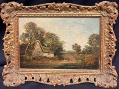 Charming 19th Century Oil Painting of Rural English Cottage Scene with Figures