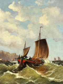 Fine 19th Century British Oil Painting Fishing Boats Choppy Seas leaving Port