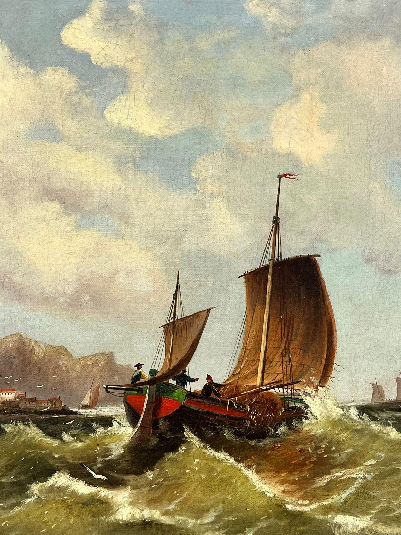 Fine peinture à l'huile britannique du 19ème siècle Bateaux de pêche Mers agitées quittant le port - Victorien Painting par Victorian School