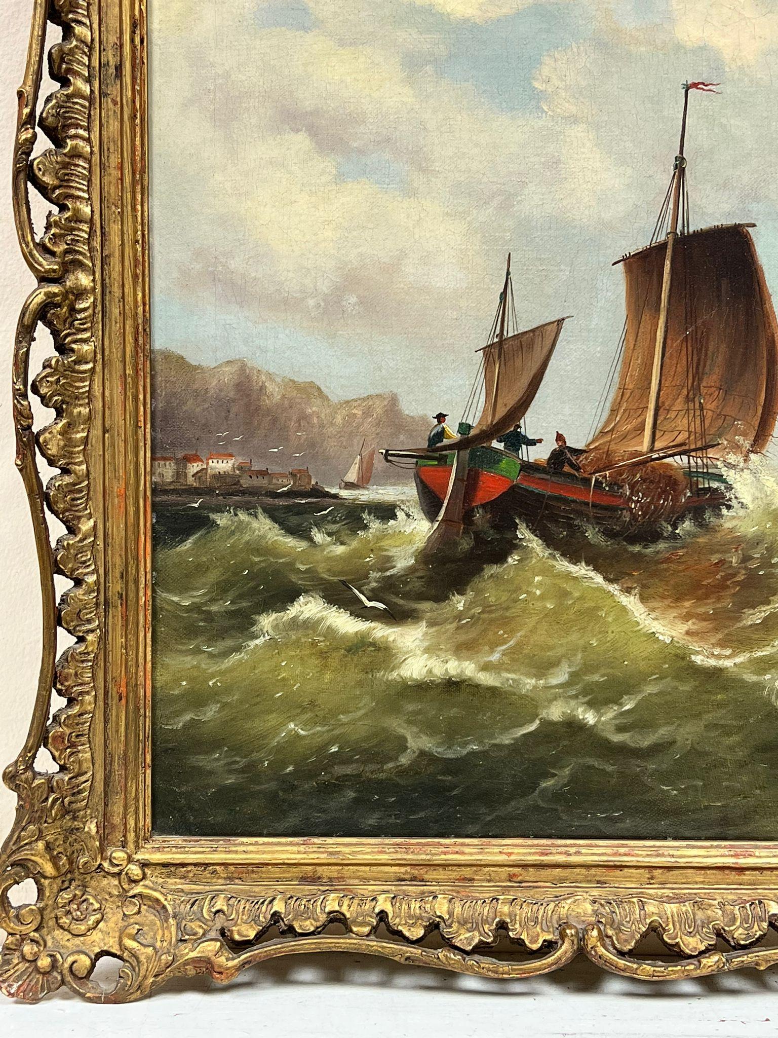 Fine peinture à l'huile britannique du 19ème siècle Bateaux de pêche Mers agitées quittant le port en vente 1
