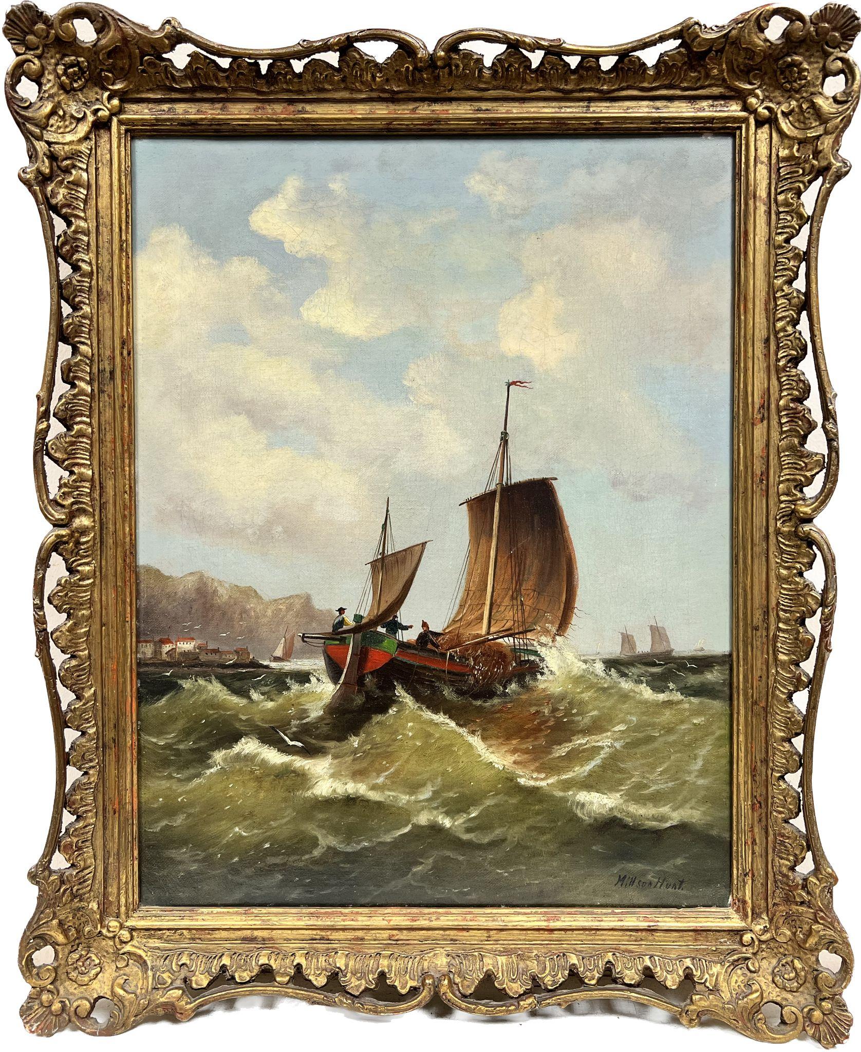 Fine peinture à l'huile britannique du 19ème siècle Bateaux de pêche Mers agitées quittant le port