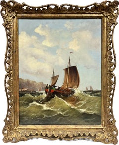 Fine 19th Century British Oil Painting Fishing Boats Choppy Seas leaving Port