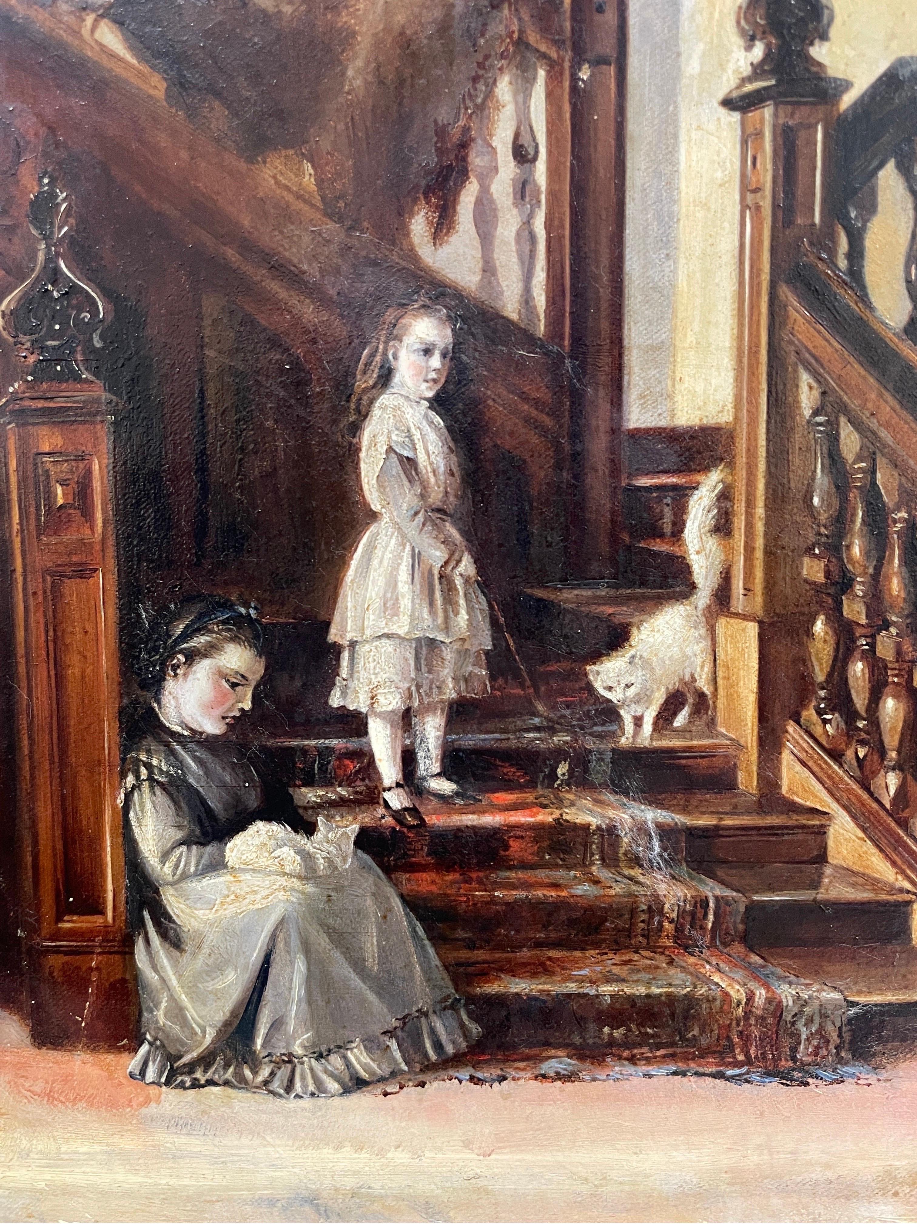 Fine 19th Century Interior Scene Baronial Hallway Children Playing on Staircase For Sale 2