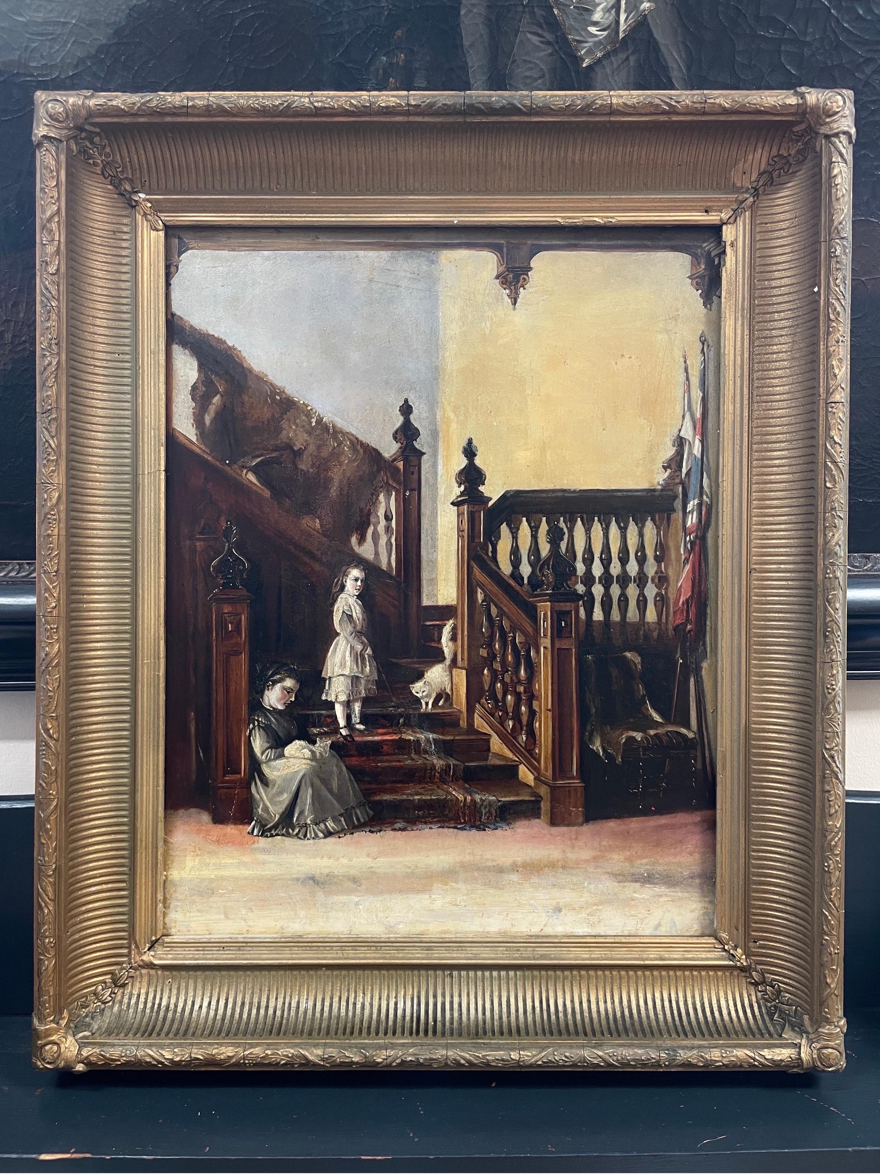 Fine 19th Century Interior Scene Baronial Hallway Children Playing on Staircase - Painting by Victorian School