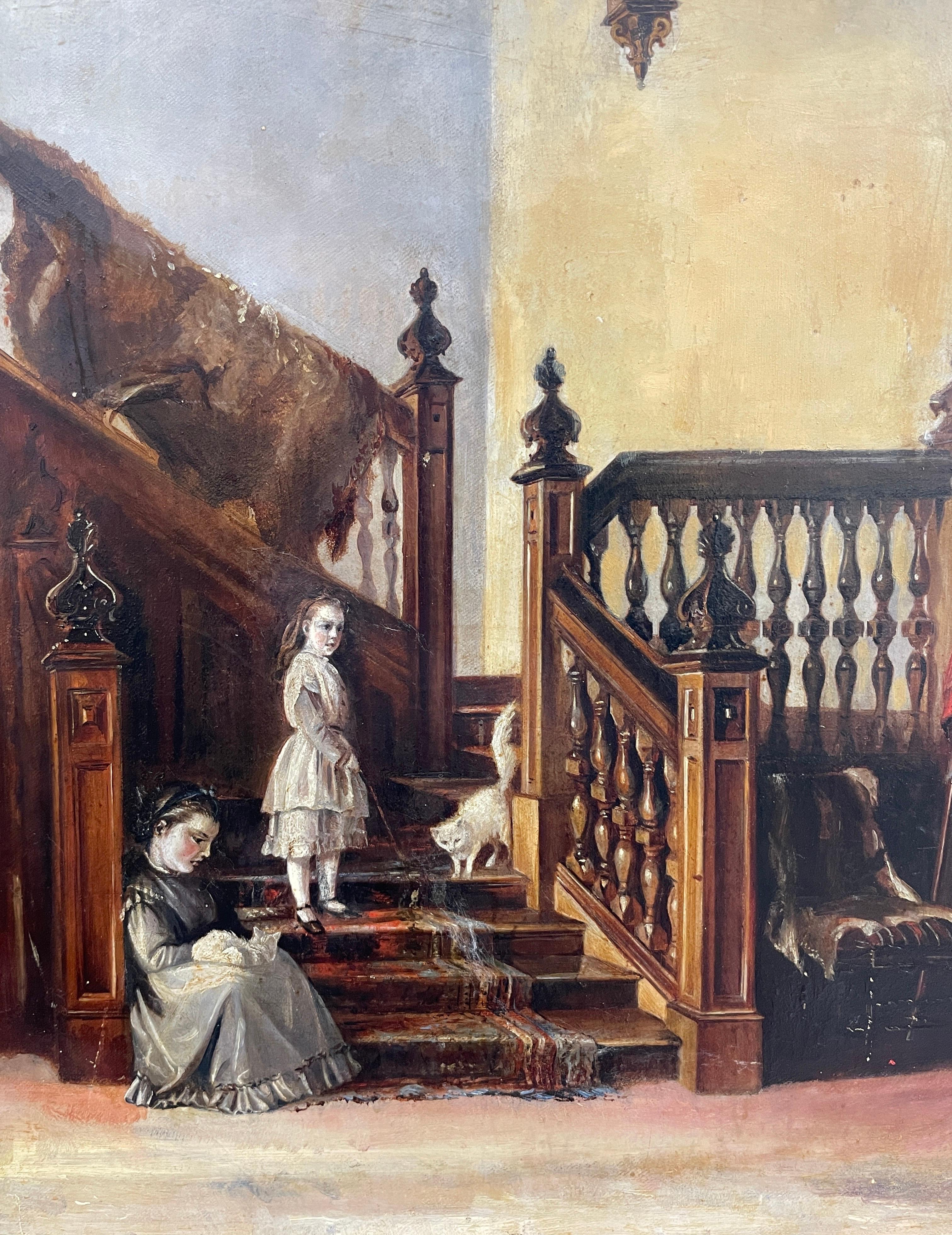 Victorian School Figurative Painting - Fine 19th Century Interior Scene Baronial Hallway Children Playing on Staircase