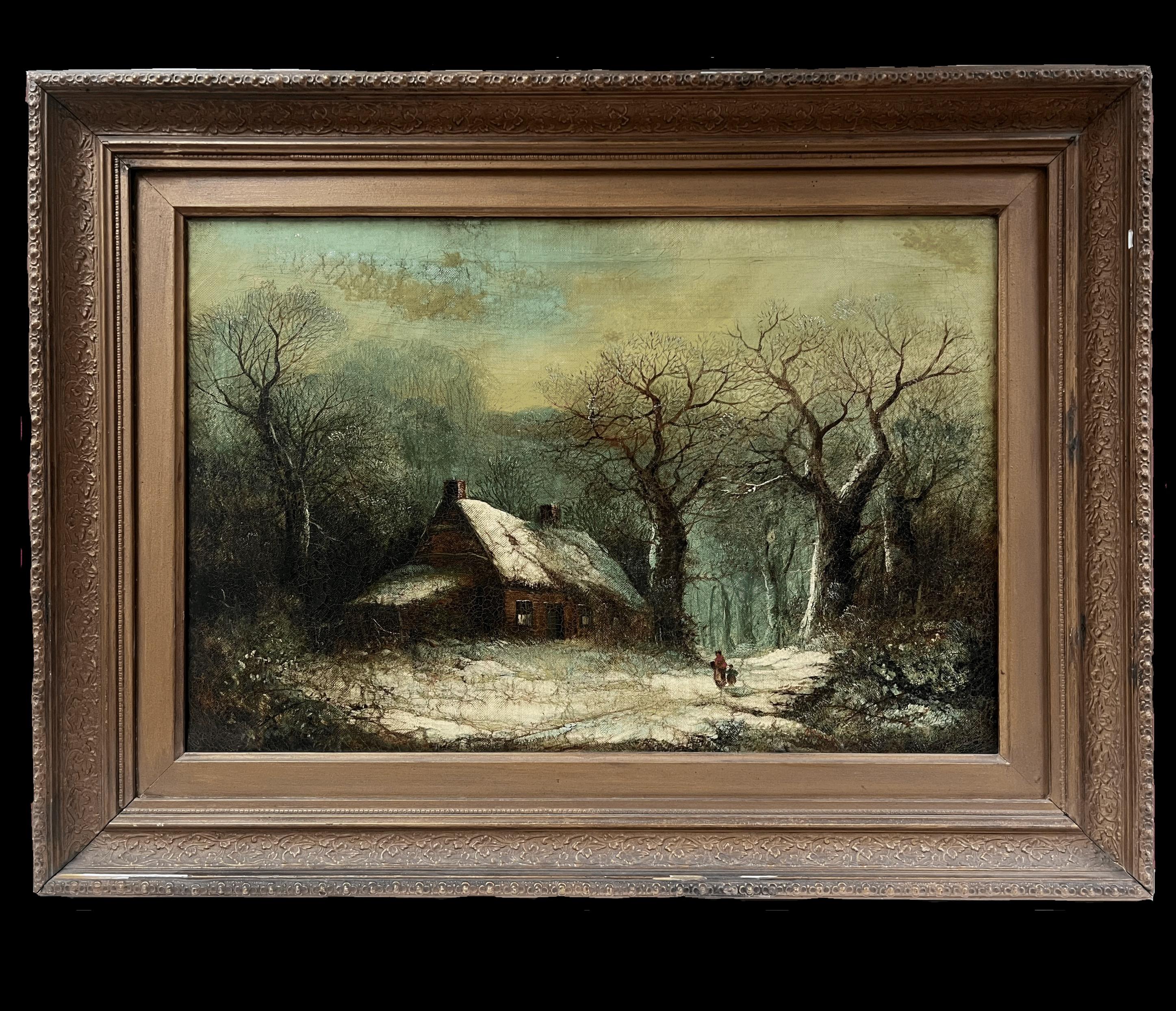 Fine Victorian English Oil Painting Cottages in Winter Snow Landscape Oil - Brown Landscape Painting by Victorian School