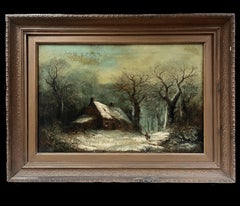 Fine Victorian English Oil Painting Cottages in Winter Snow Landscape Oil