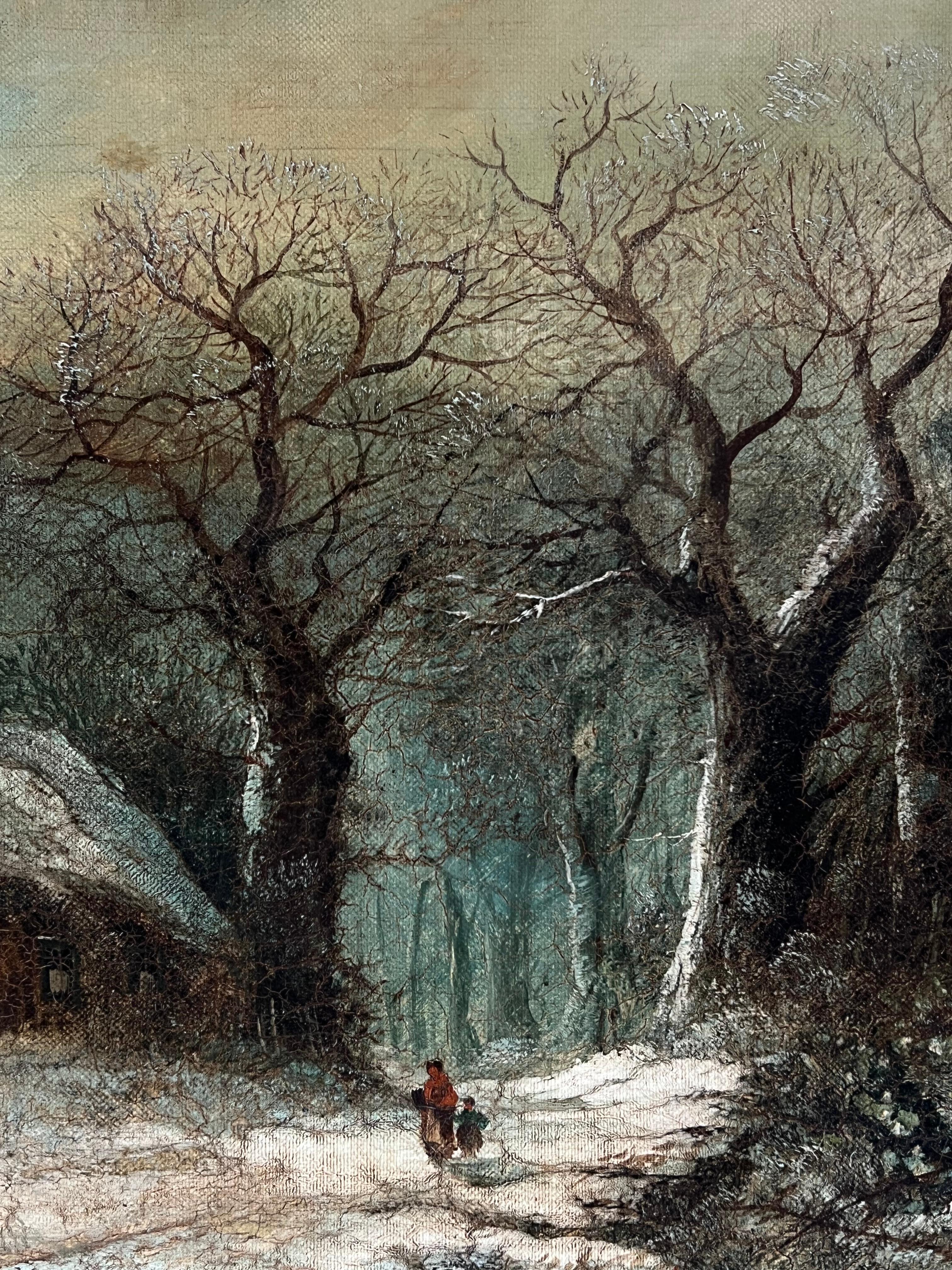 Fine Victorian English Oil Painting Cottages in Winter Snow Landscape Oil For Sale 2