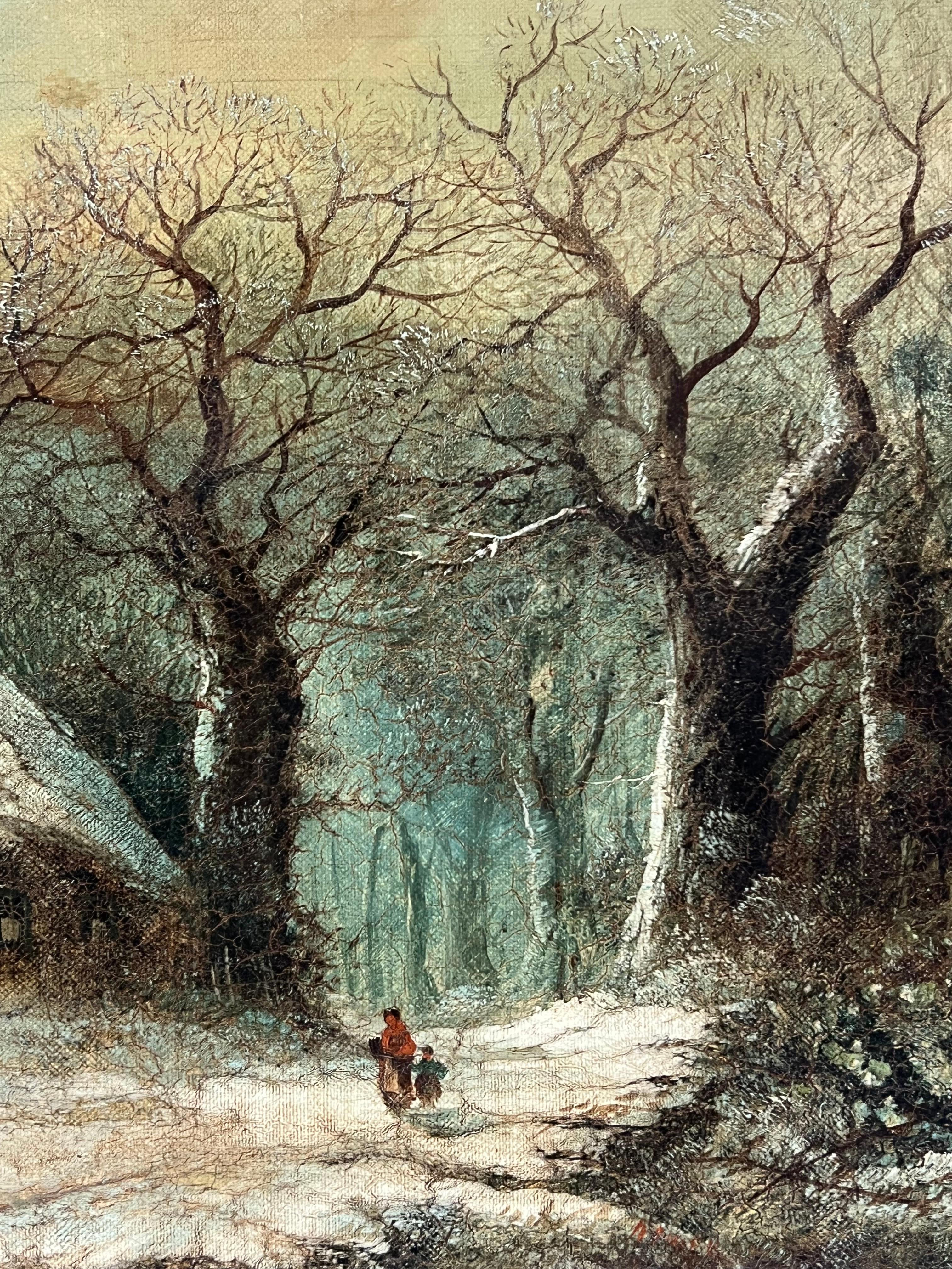 Fine Victorian English Oil Painting Cottages in Winter Snow Landscape Oil For Sale 3