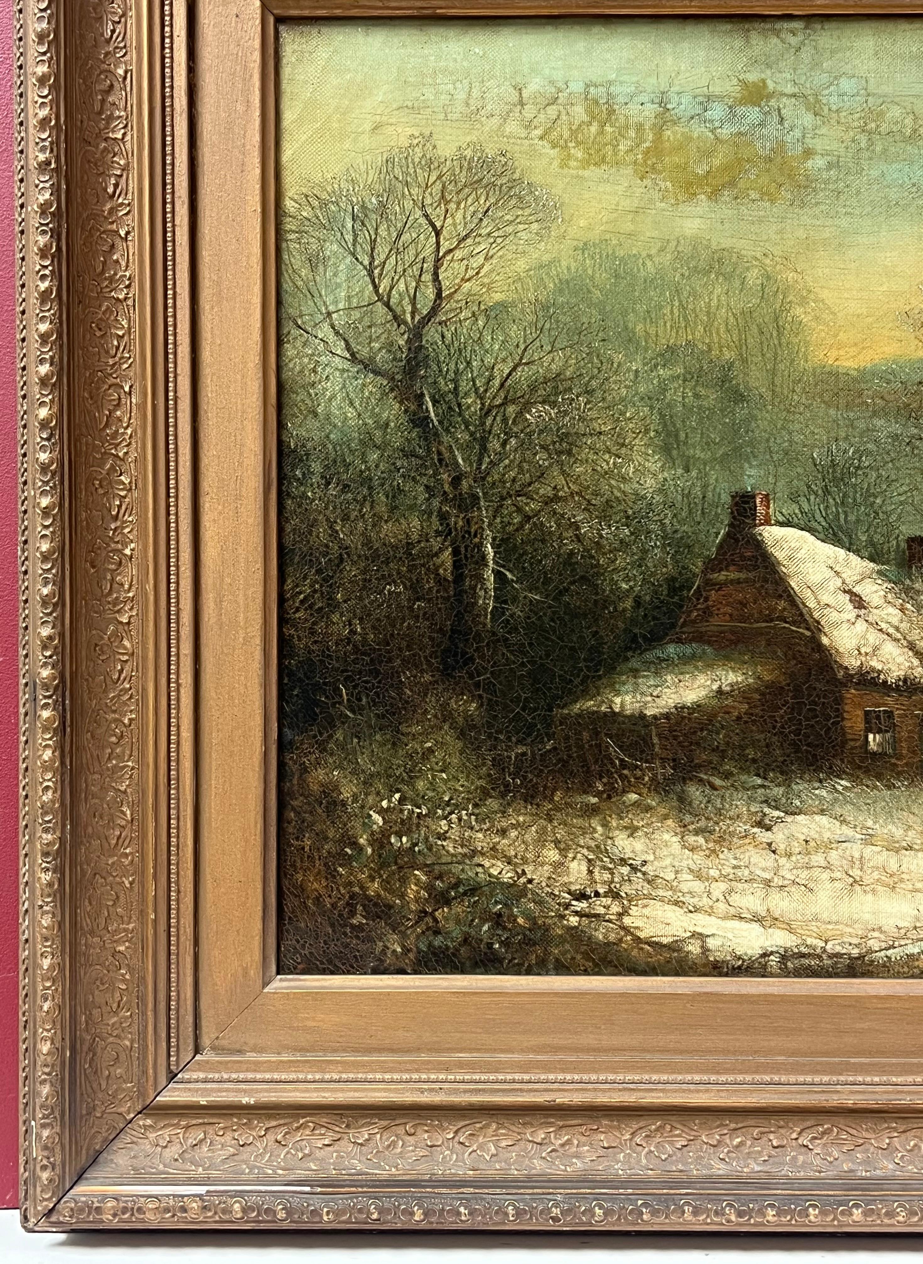 Fine Victorian English Oil Painting Cottages in Winter Snow Landscape Oil For Sale 4