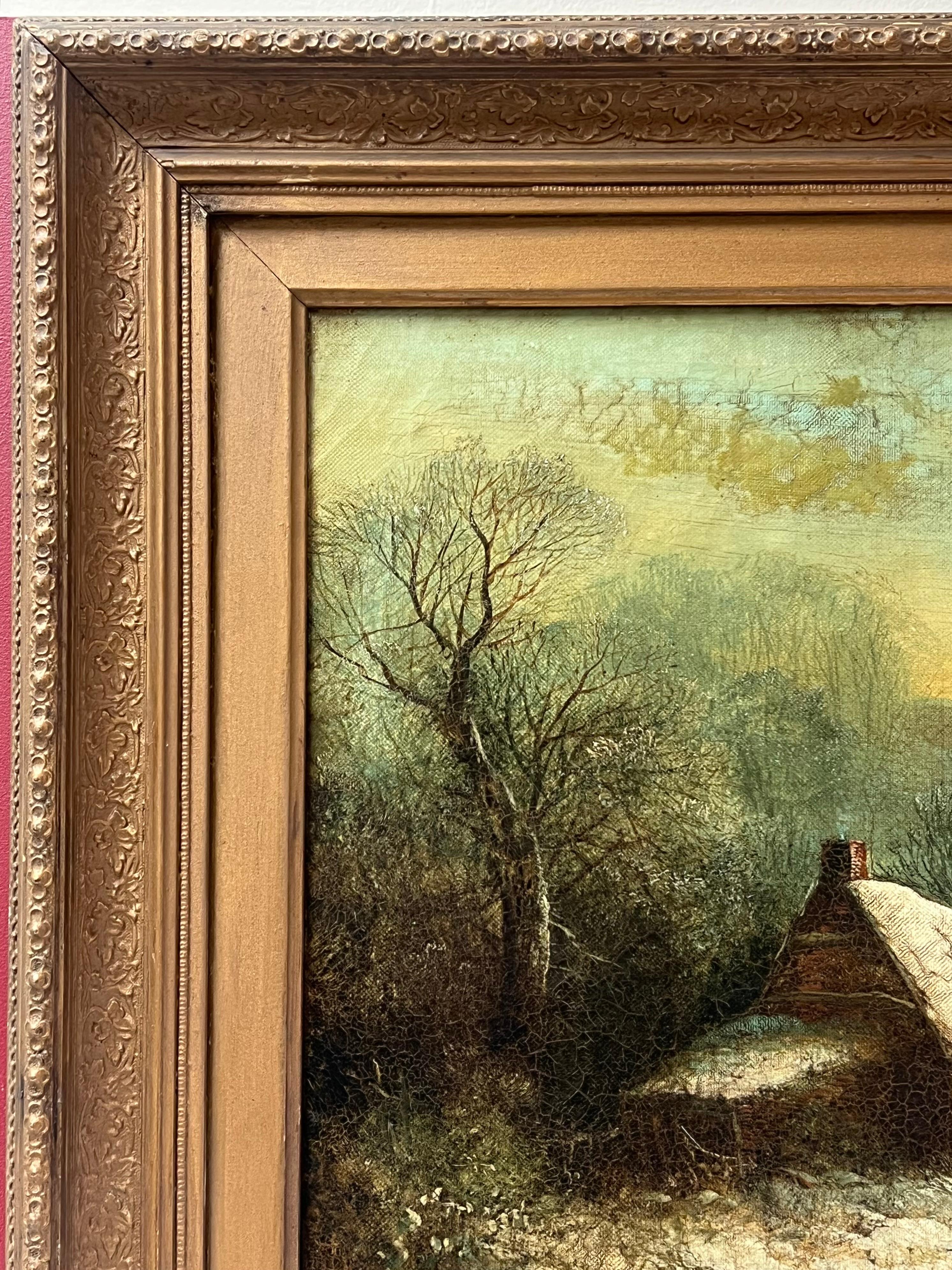Fine Victorian English Oil Painting Cottages in Winter Snow Landscape Oil For Sale 5