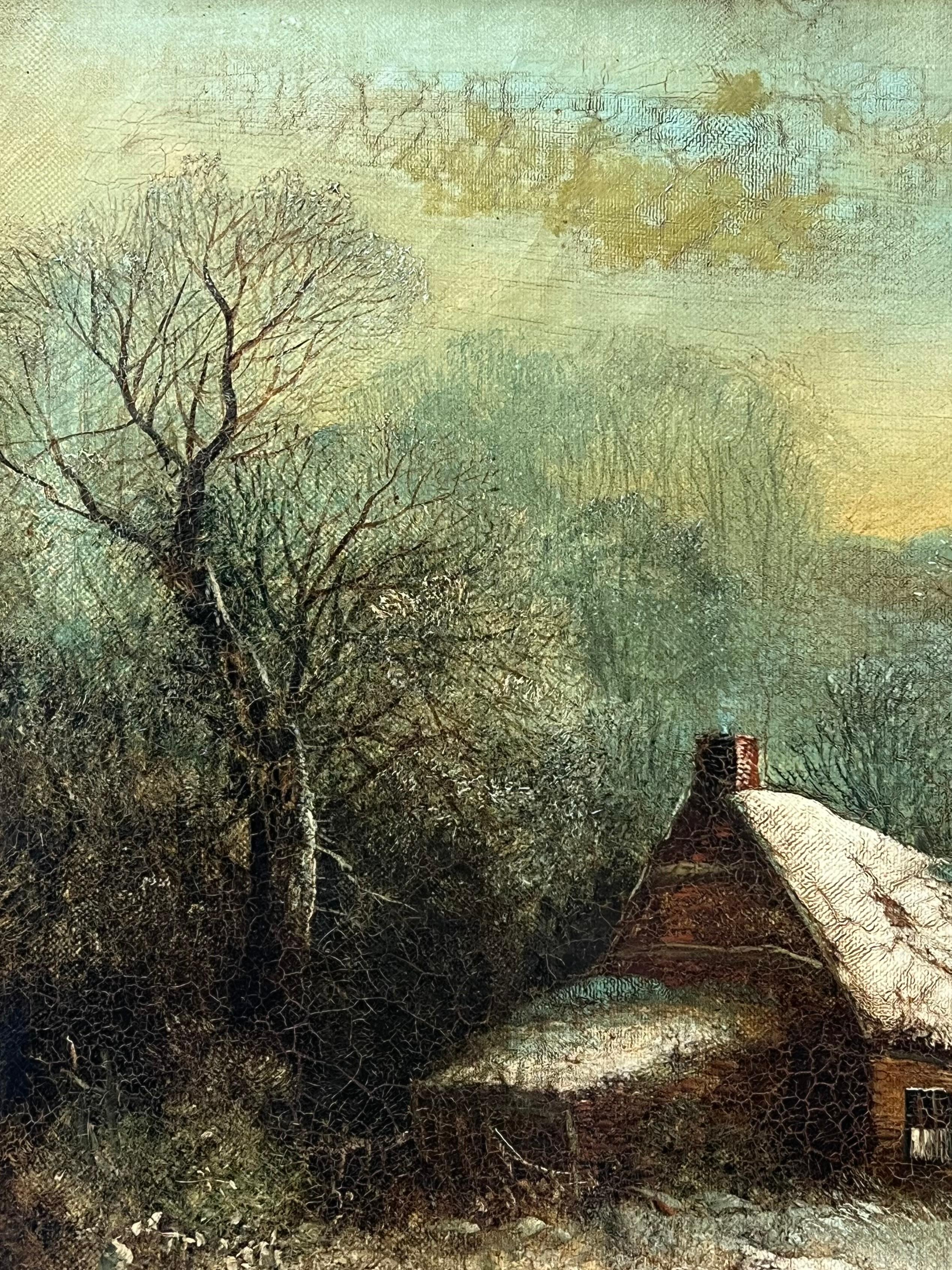 Fine Victorian English Oil Painting Cottages in Winter Snow Landscape Oil For Sale 6