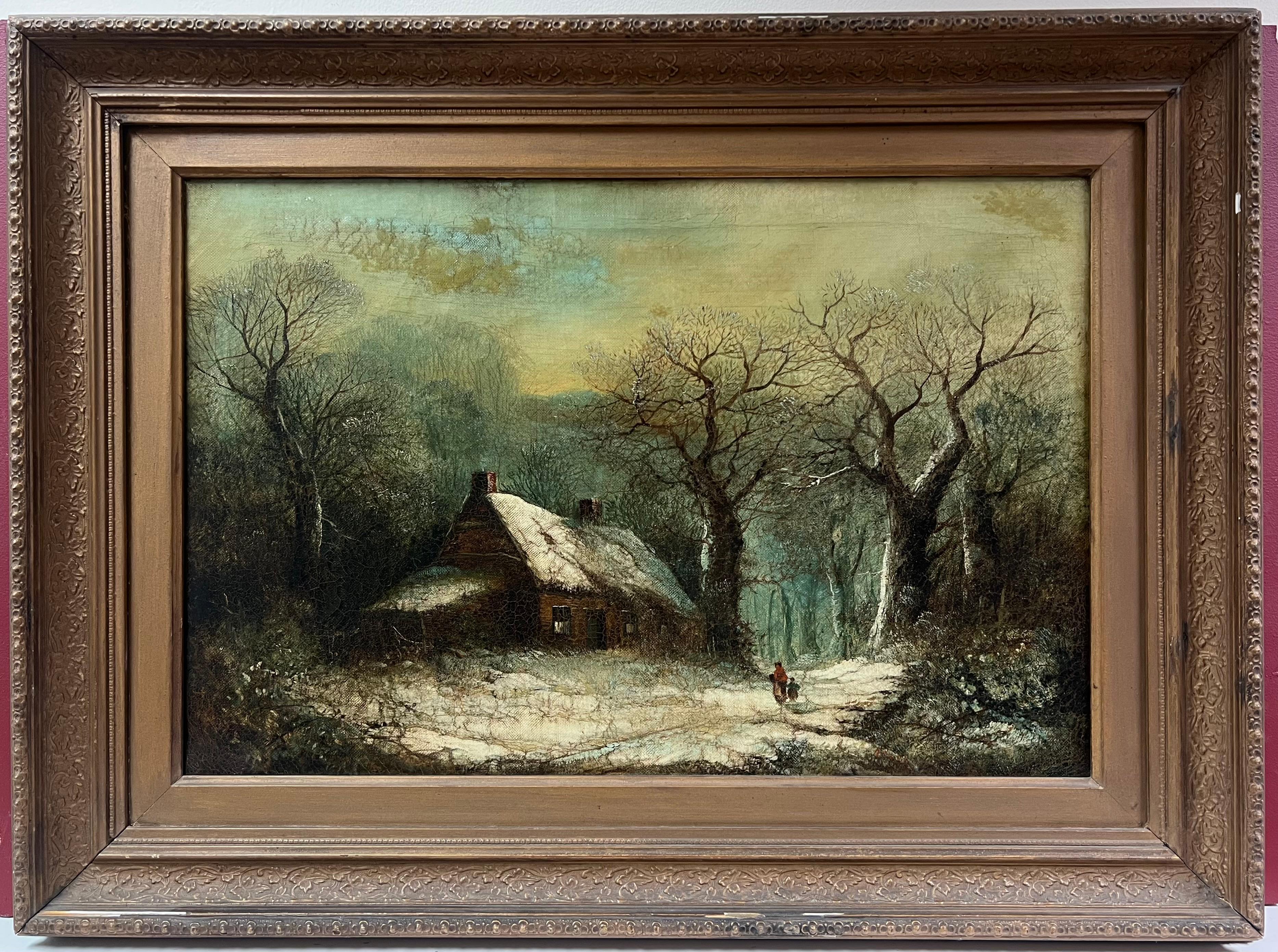 Victorian School Landscape Painting - Fine Victorian English Oil Painting Cottages in Winter Snow Landscape Oil