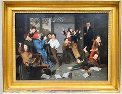 Large Early 19th Century Victorian School Classroom Chaos Scene, gilt fram