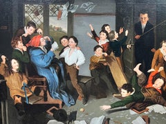Grande scena di caos da aula scolastica Victorian School dei primi del XIX secolo, cornice dorata