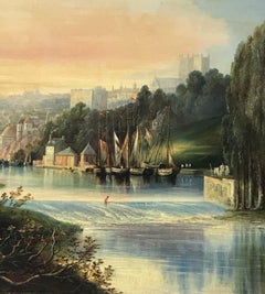 Large Victorian British Oil Painting Castle besides Busy River Weir & Anglers