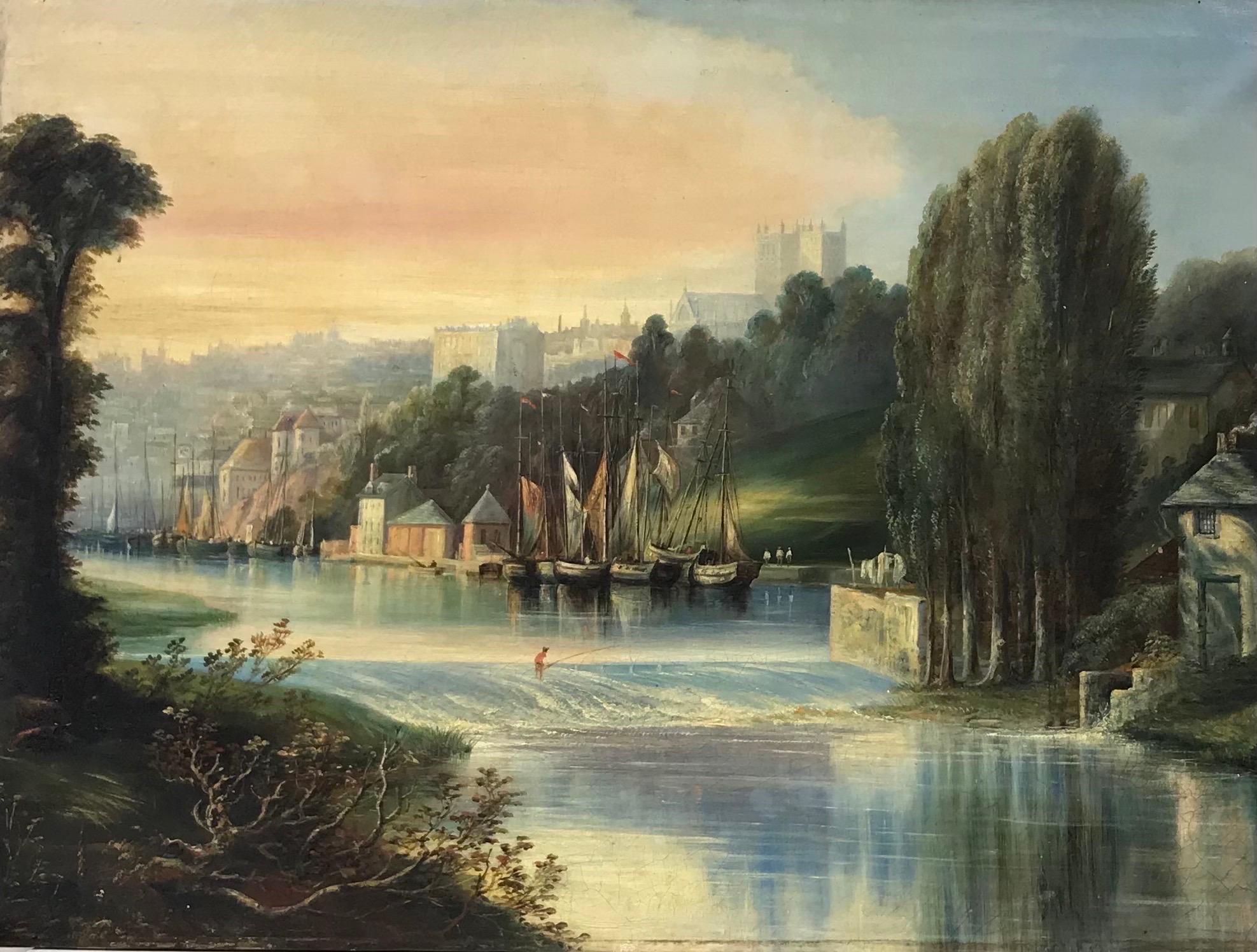 Victorian School Figurative Painting - Large Victorian British Oil Painting Castle besides Busy River Weir & Anglers