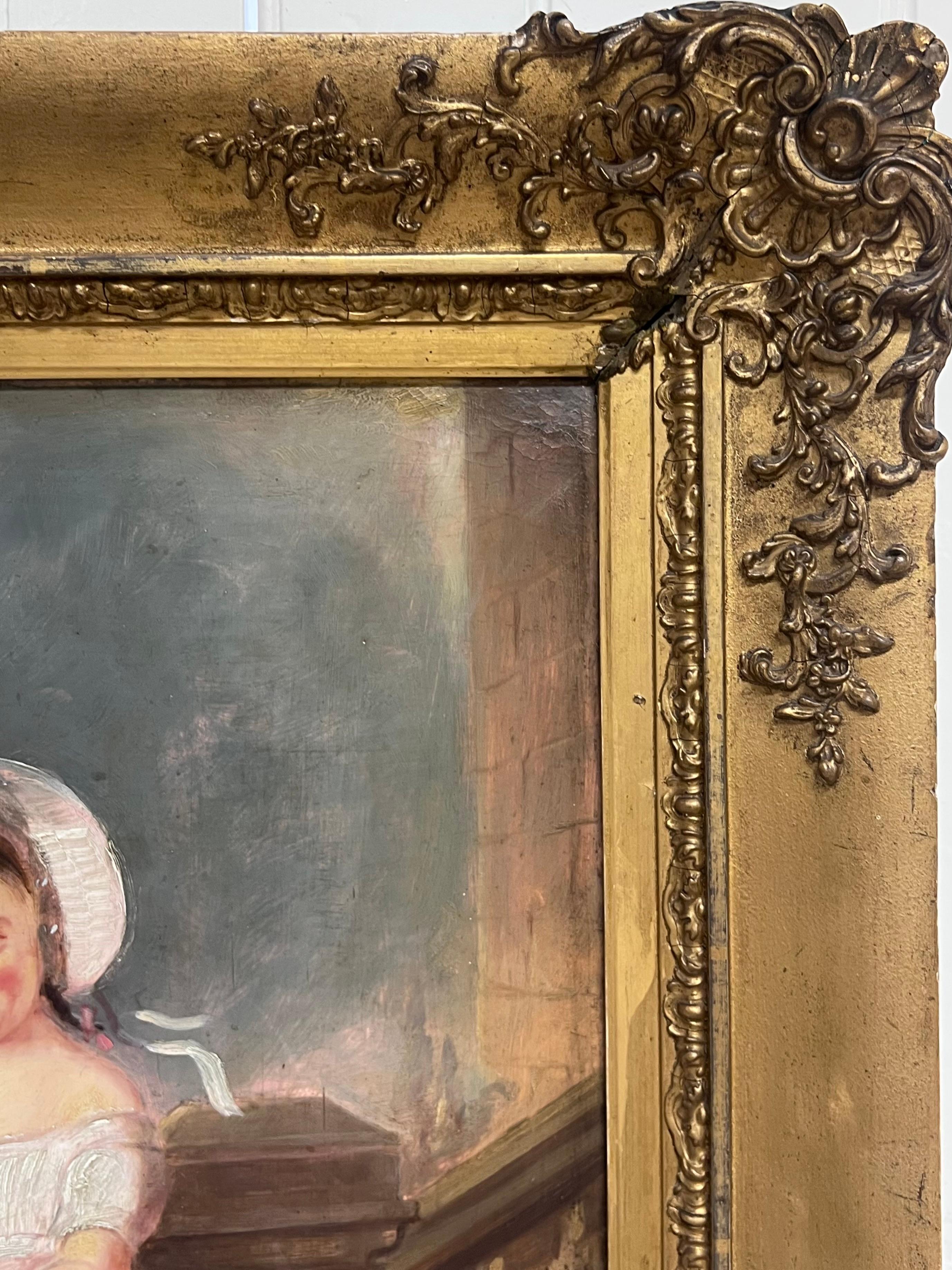 Large Victorian English Oil Painting Young Girl Country House Steps with Her Dog For Sale 7