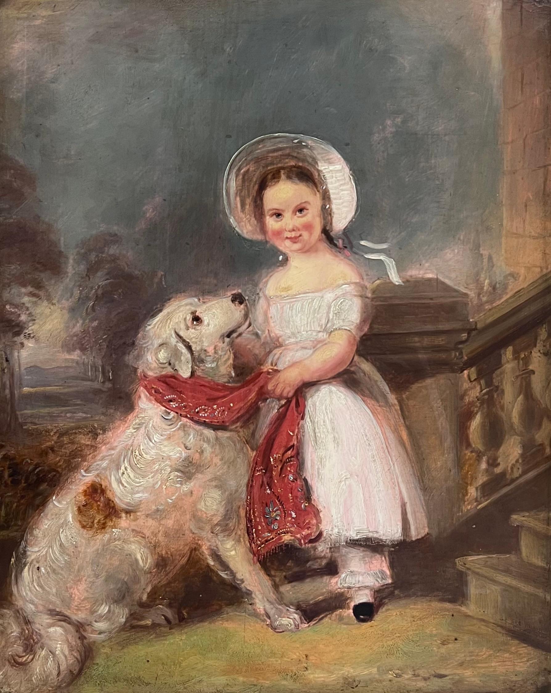 Large Victorian English Oil Painting Young Girl Country House Steps with Her Dog - Brown Portrait Painting by Victorian School