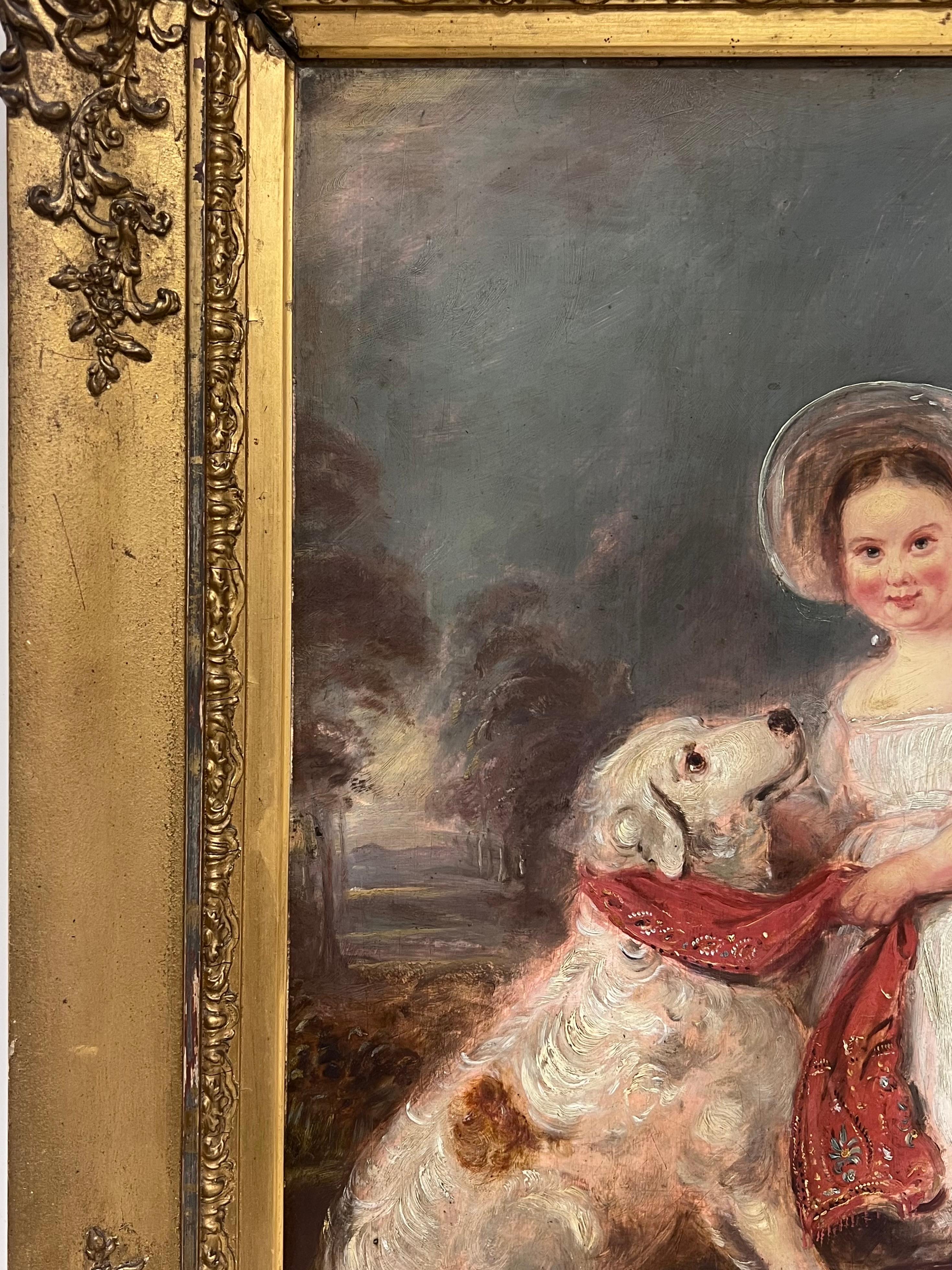 Portrait of a Young Girl, with her Pet Dog on the Steps of her Country Home
English School, circa 1870's
oil on board, framed in antique gilt swept frame. 
framed: 25.5 x 21 inches
board : 19.5 x 16 inches
Provenance: private collection,
