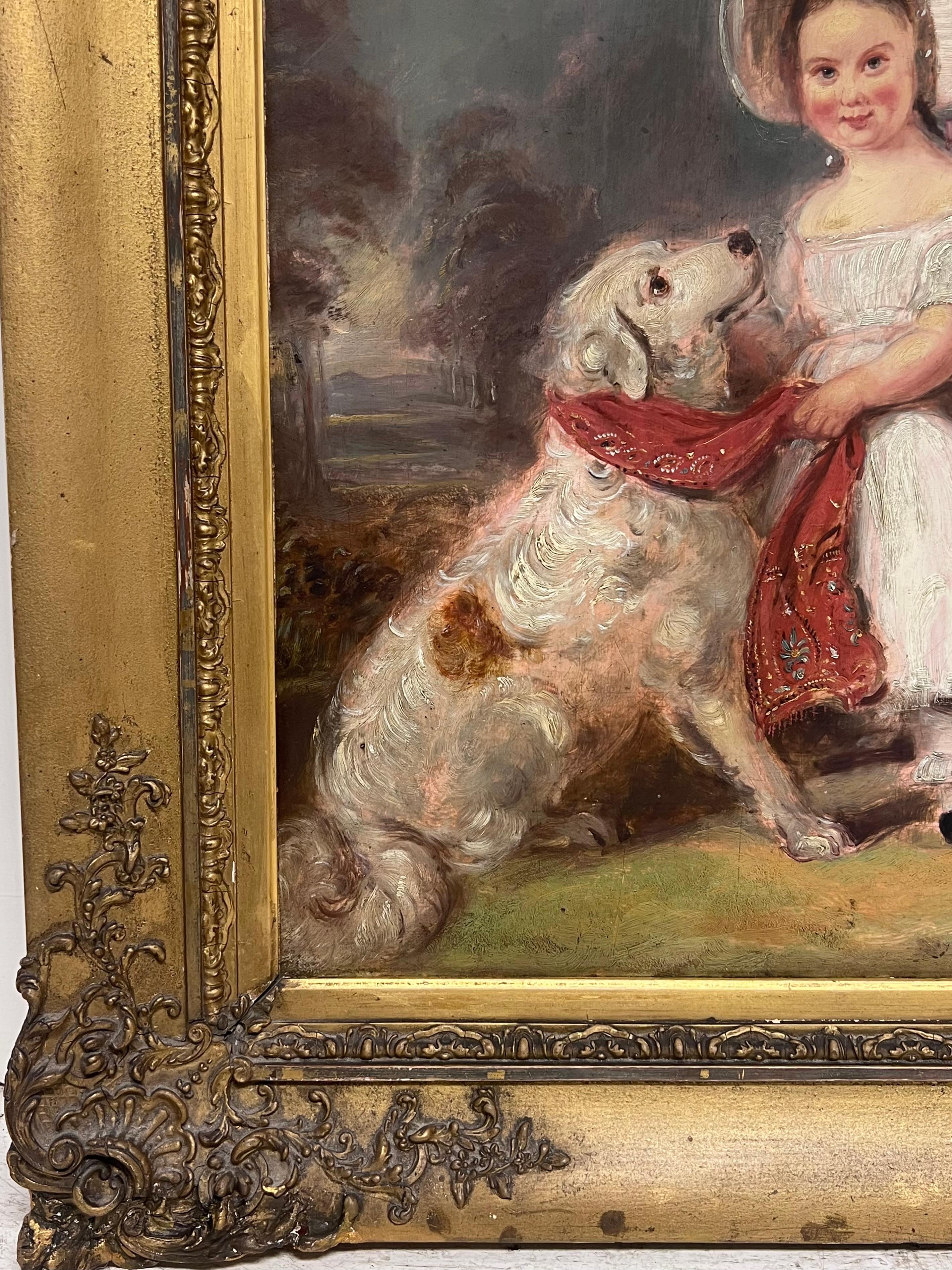 Large Victorian English Oil Painting Young Girl Country House Steps with Her Dog For Sale 1
