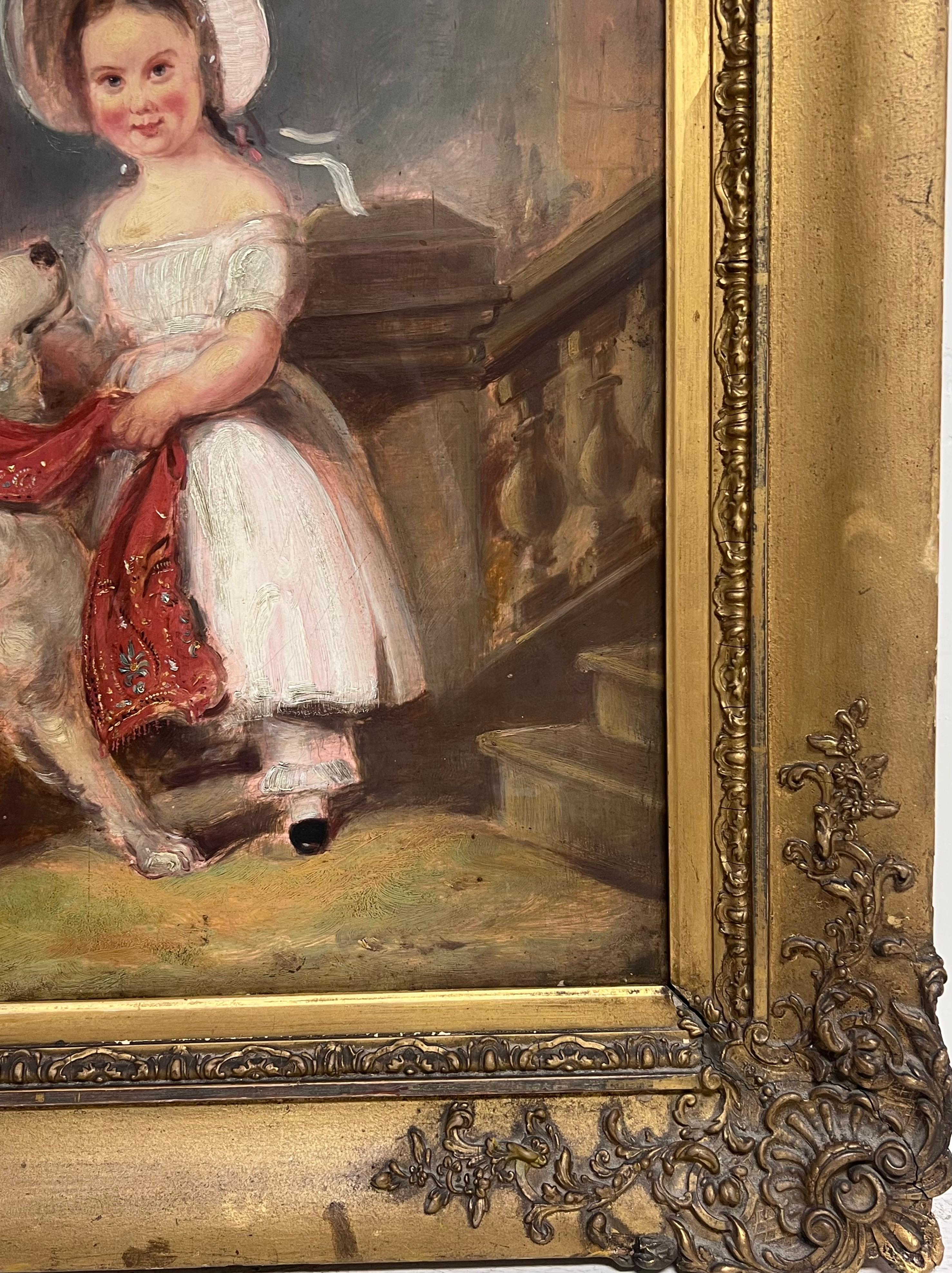 Large Victorian English Oil Painting Young Girl Country House Steps with Her Dog For Sale 2