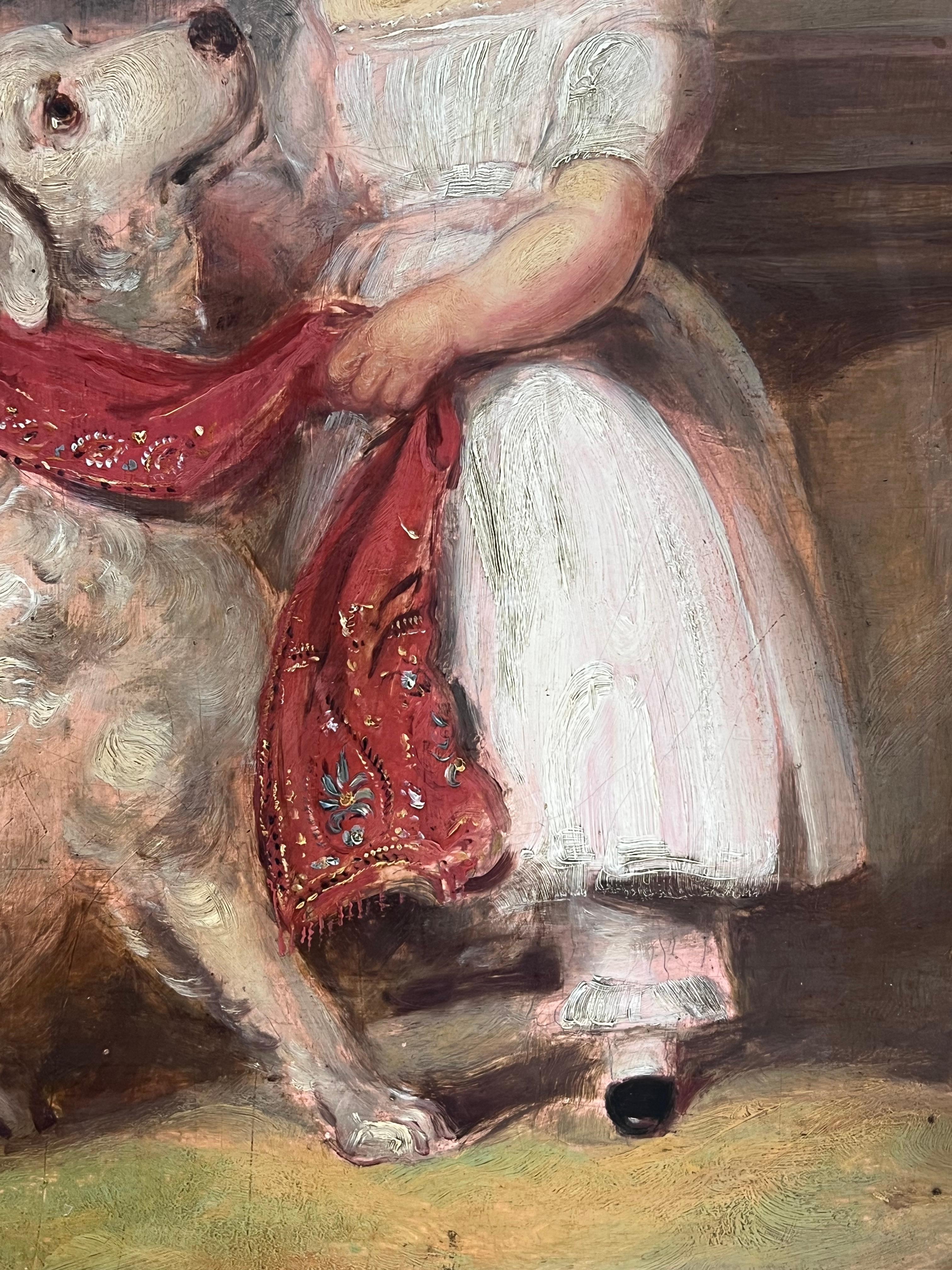 Large Victorian English Oil Painting Young Girl Country House Steps with Her Dog For Sale 3