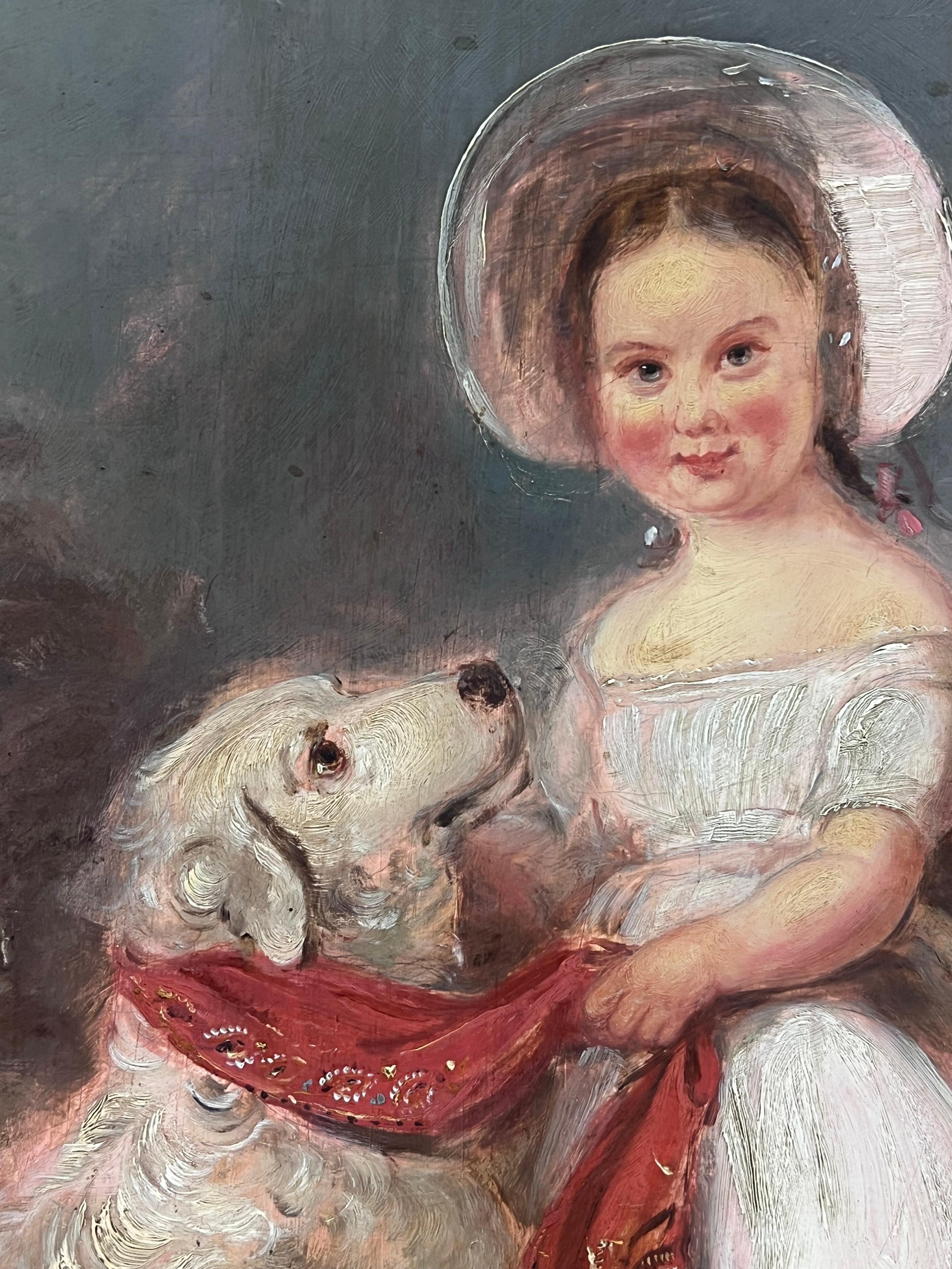 Large Victorian English Oil Painting Young Girl Country House Steps with Her Dog For Sale 4