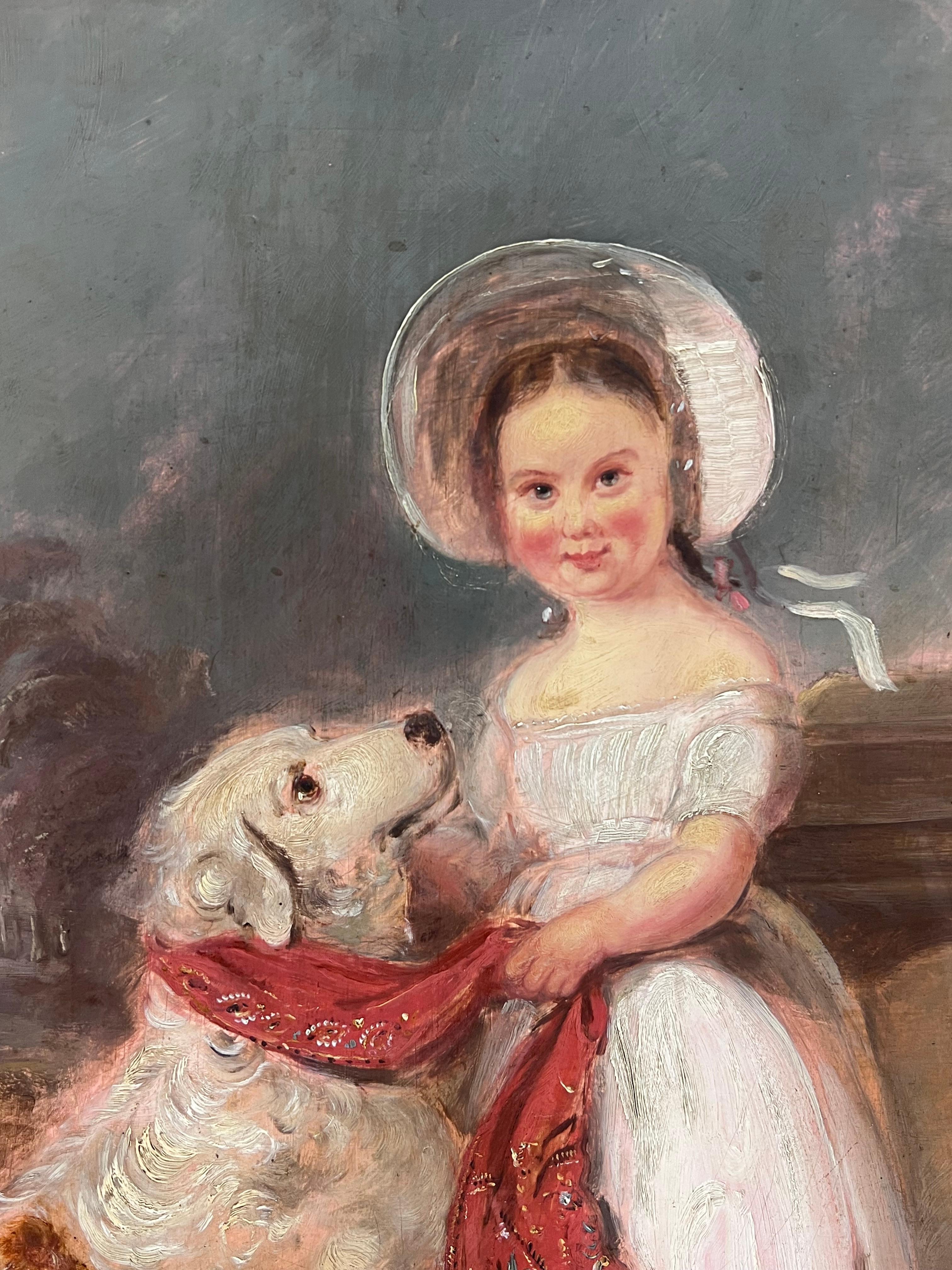 Large Victorian English Oil Painting Young Girl Country House Steps with Her Dog For Sale 6