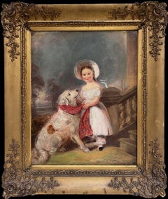 Large Victorian English Oil Painting Young Girl Country House Steps with Her Dog